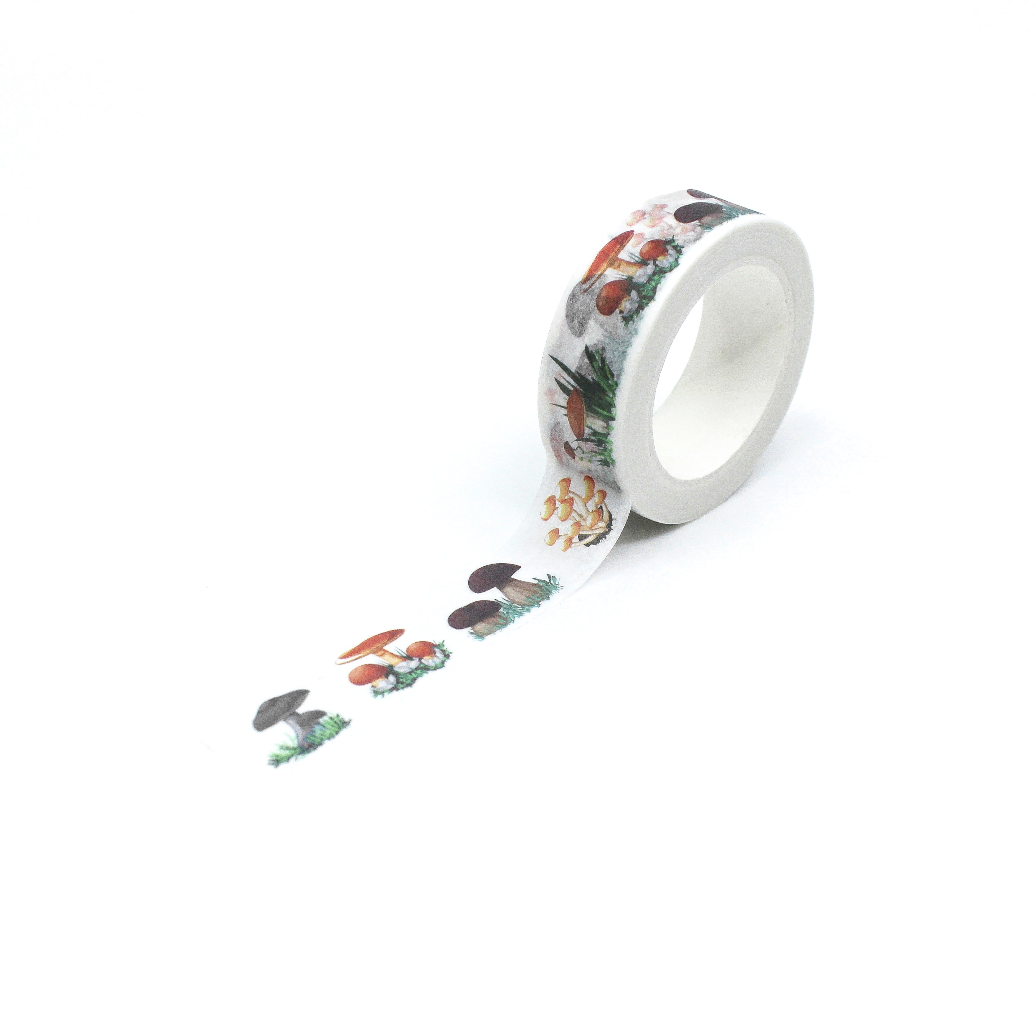 This is a full pattern repeat view of forest whimsical mushrooms washi tape BBB Supplies Craft Shop