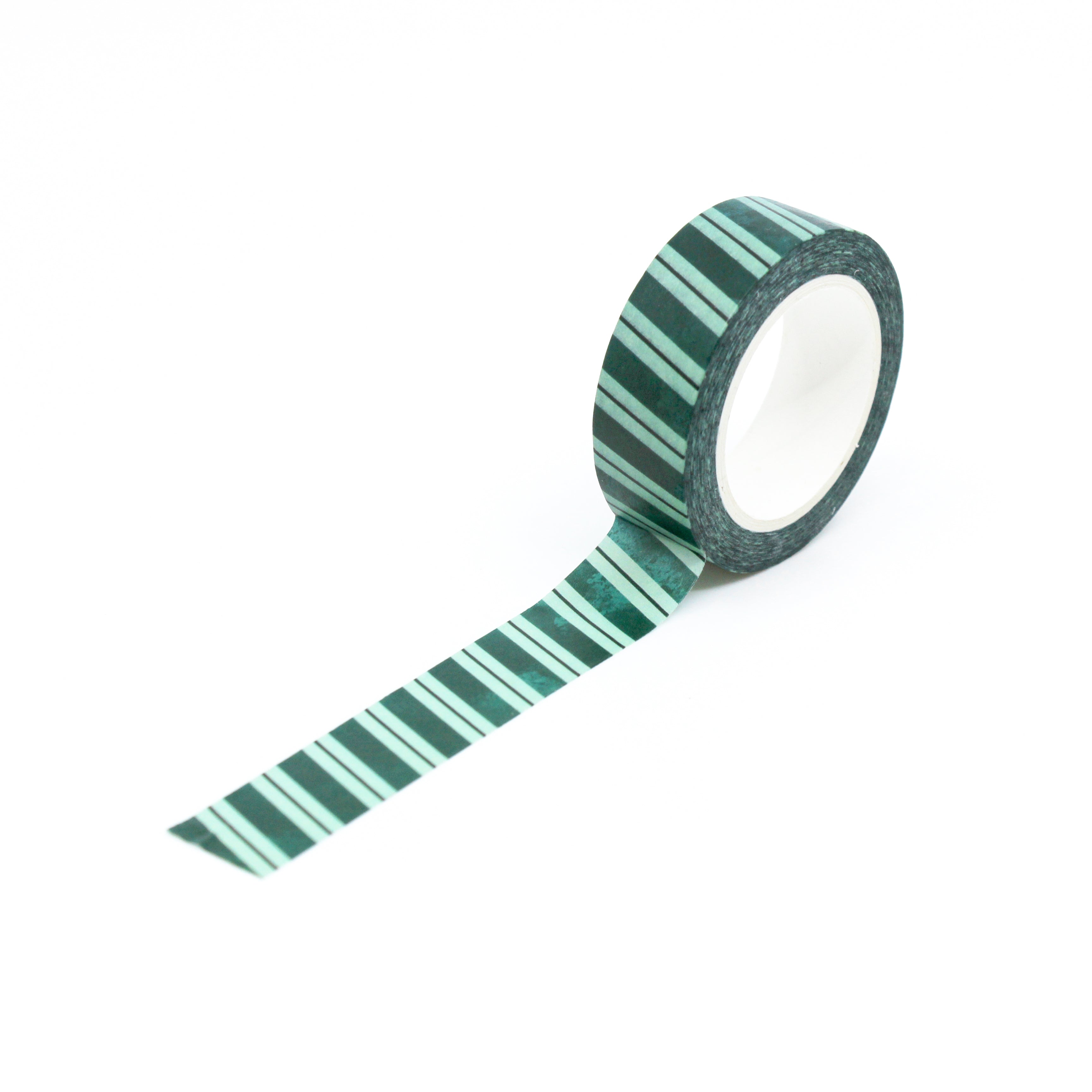 This is a full pattern repeat view of green and white stripe washi tape from BBB Supplies Craft Shop