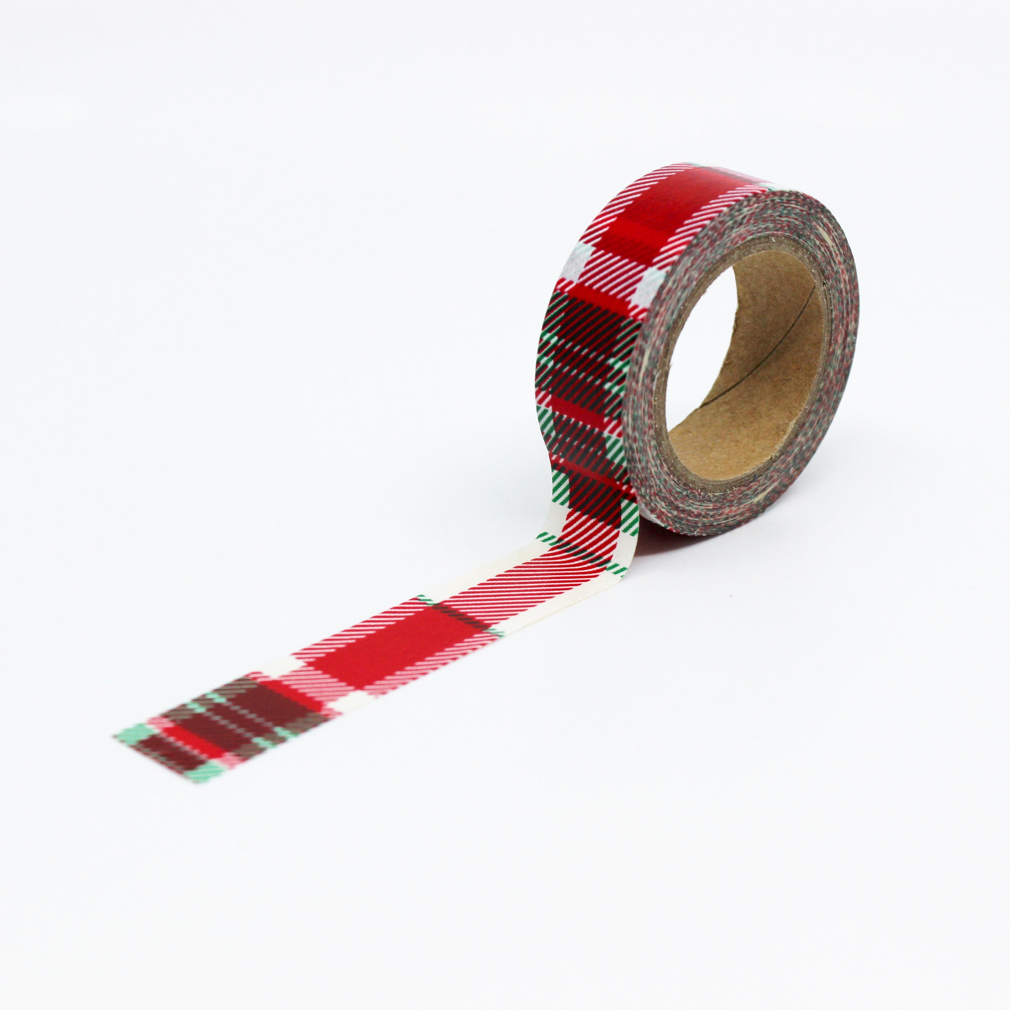 This is a full pattern repeat view of red, green and white holiday plaid washi tape BBB Supplies Craft Shop