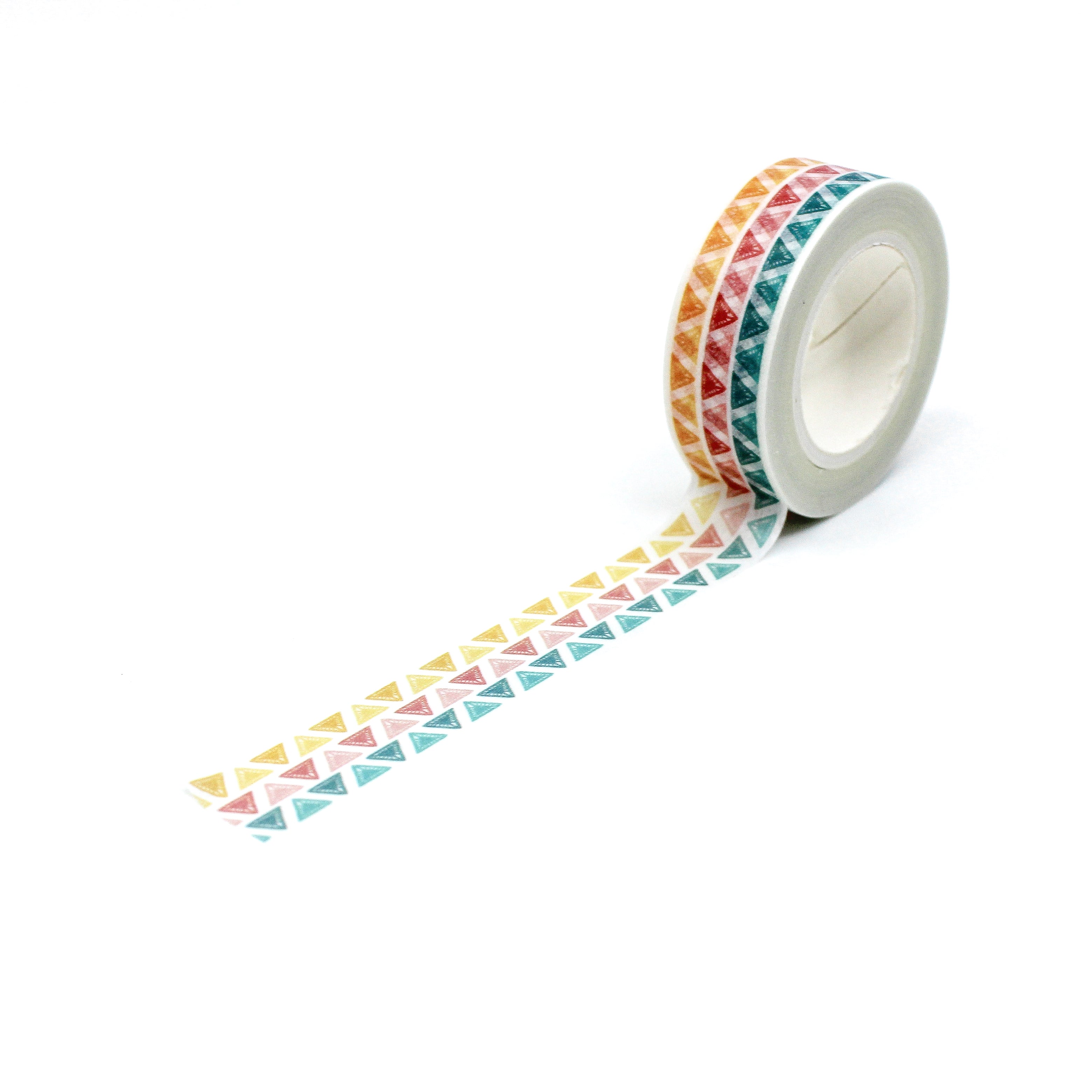 This is a full pattern repeat view of yellow, blue and pink triangle geometric washi tape BBB Supplies Craft Shop