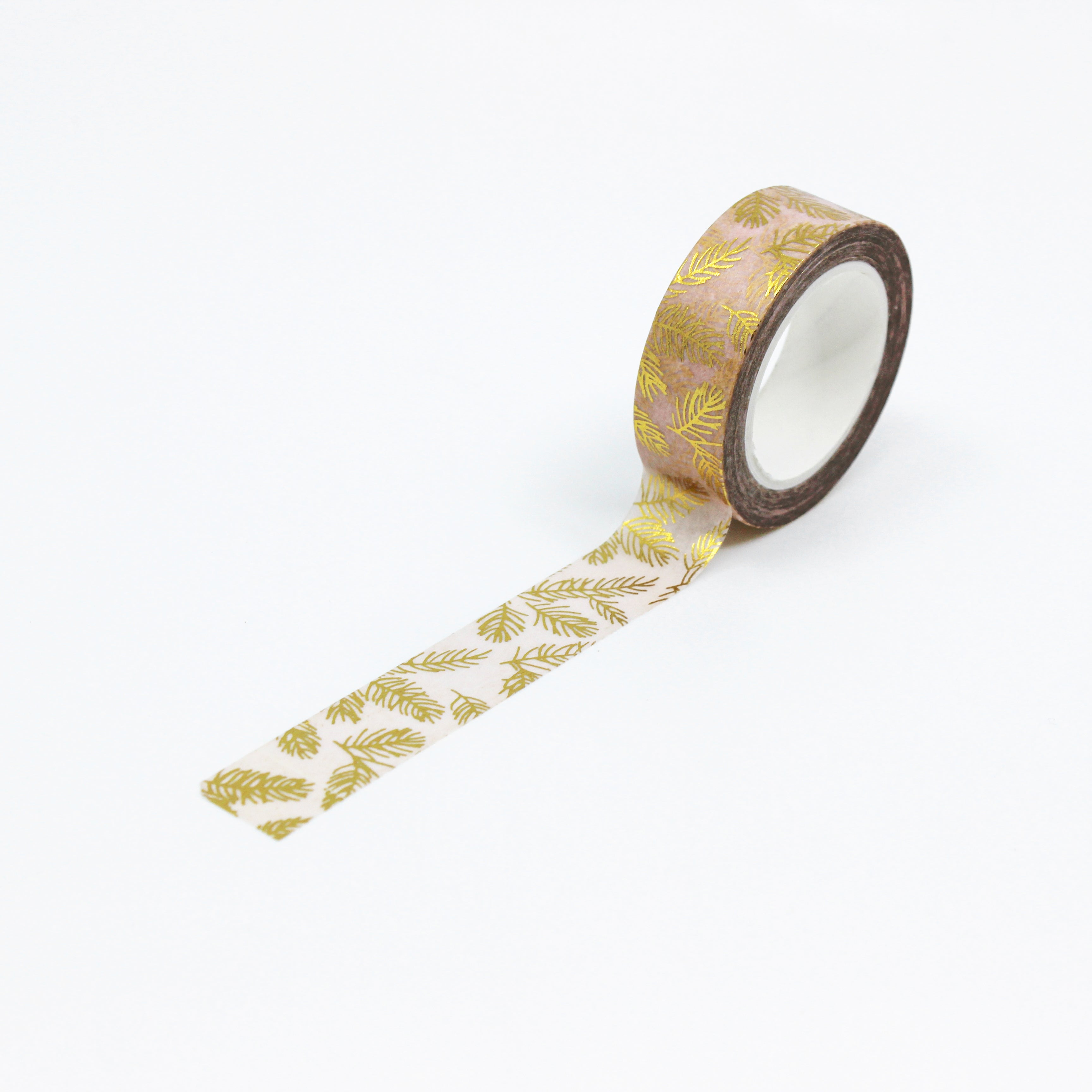 This is a full pattern repeat view of gold foil pine tree leave cones washi tape from BBB Supplies Craft Shop