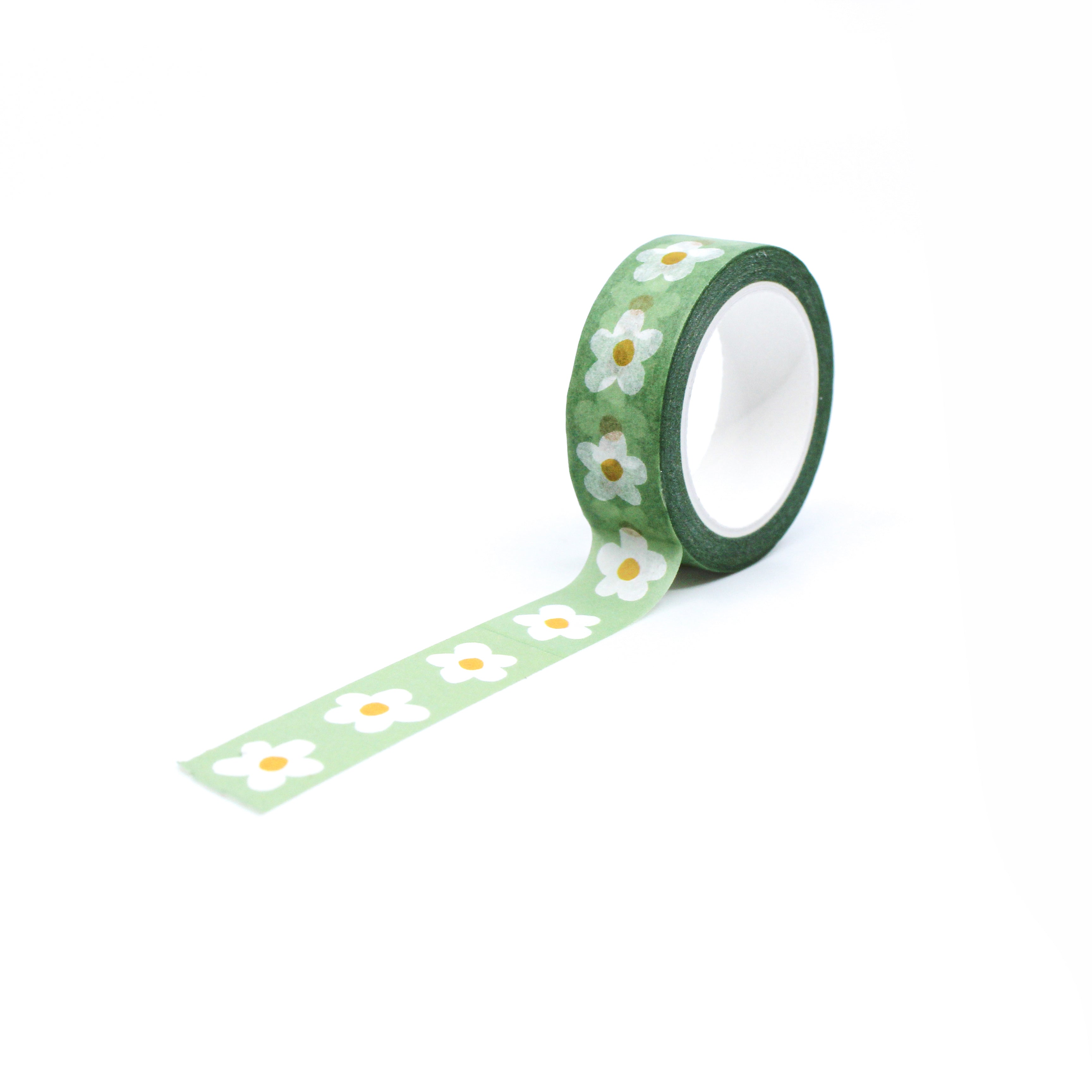 This is a full pattern repeat view of green daisy flower washi tape BBB Supplies Craft Shop