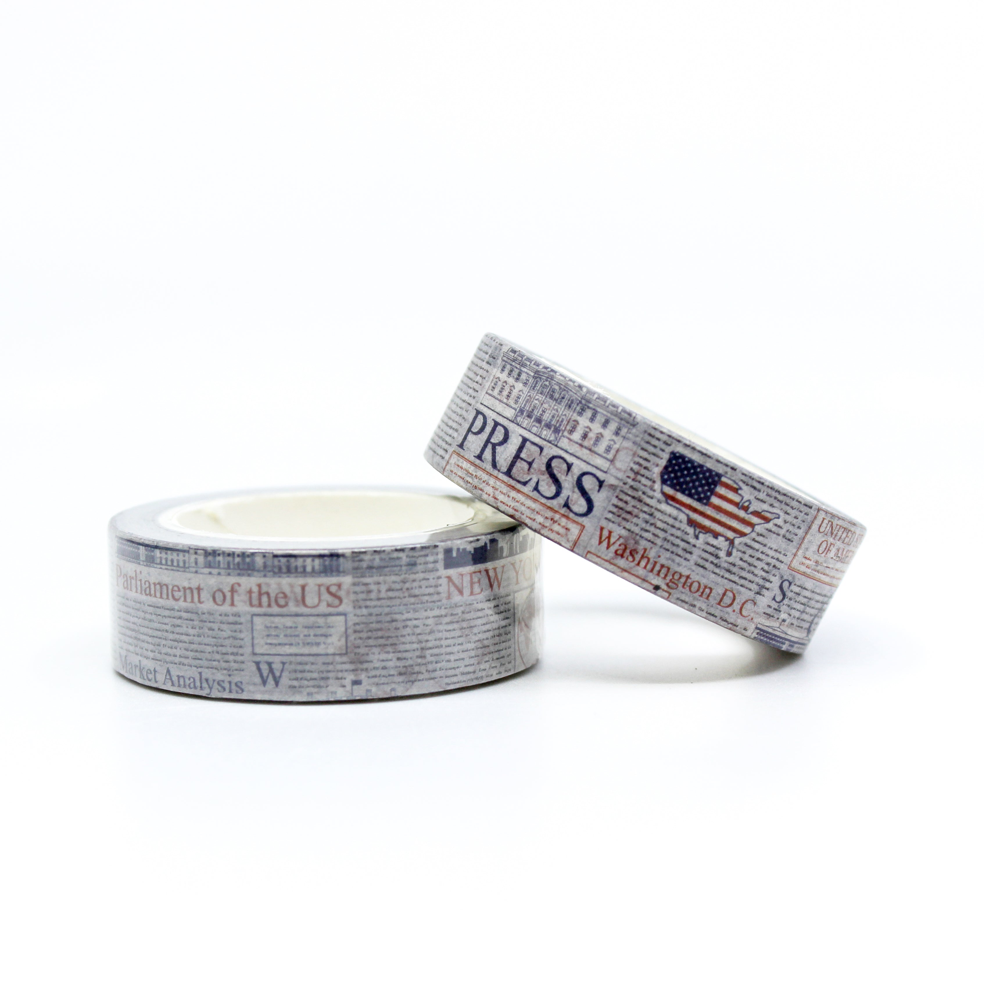 This is a roll of American emblem newsprint washi tape from BBB Supplies Craft Shop