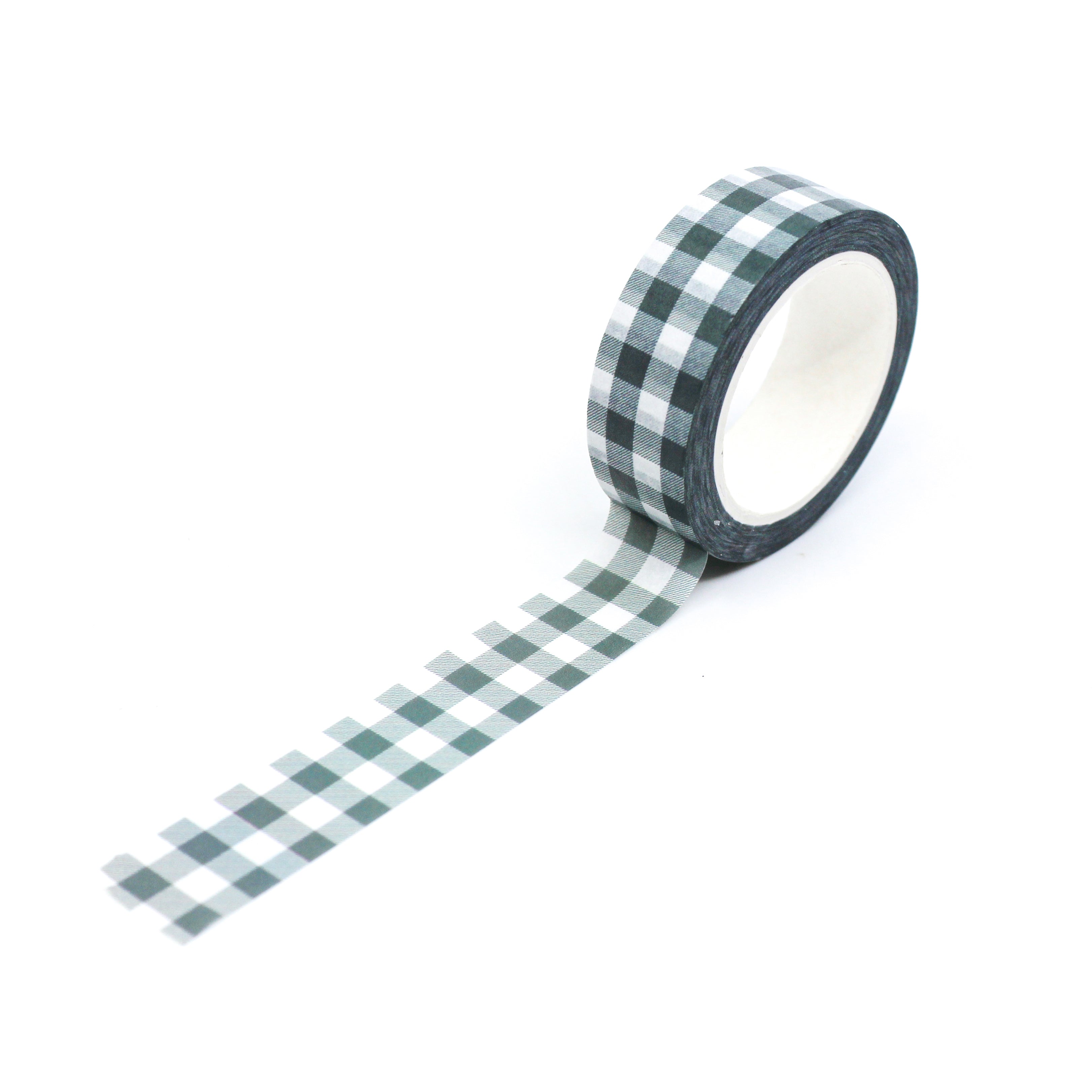 This is a full pattern repeat view of green plaid craft Christmas Holiday washi tape from BBB Supplies Craft Shop