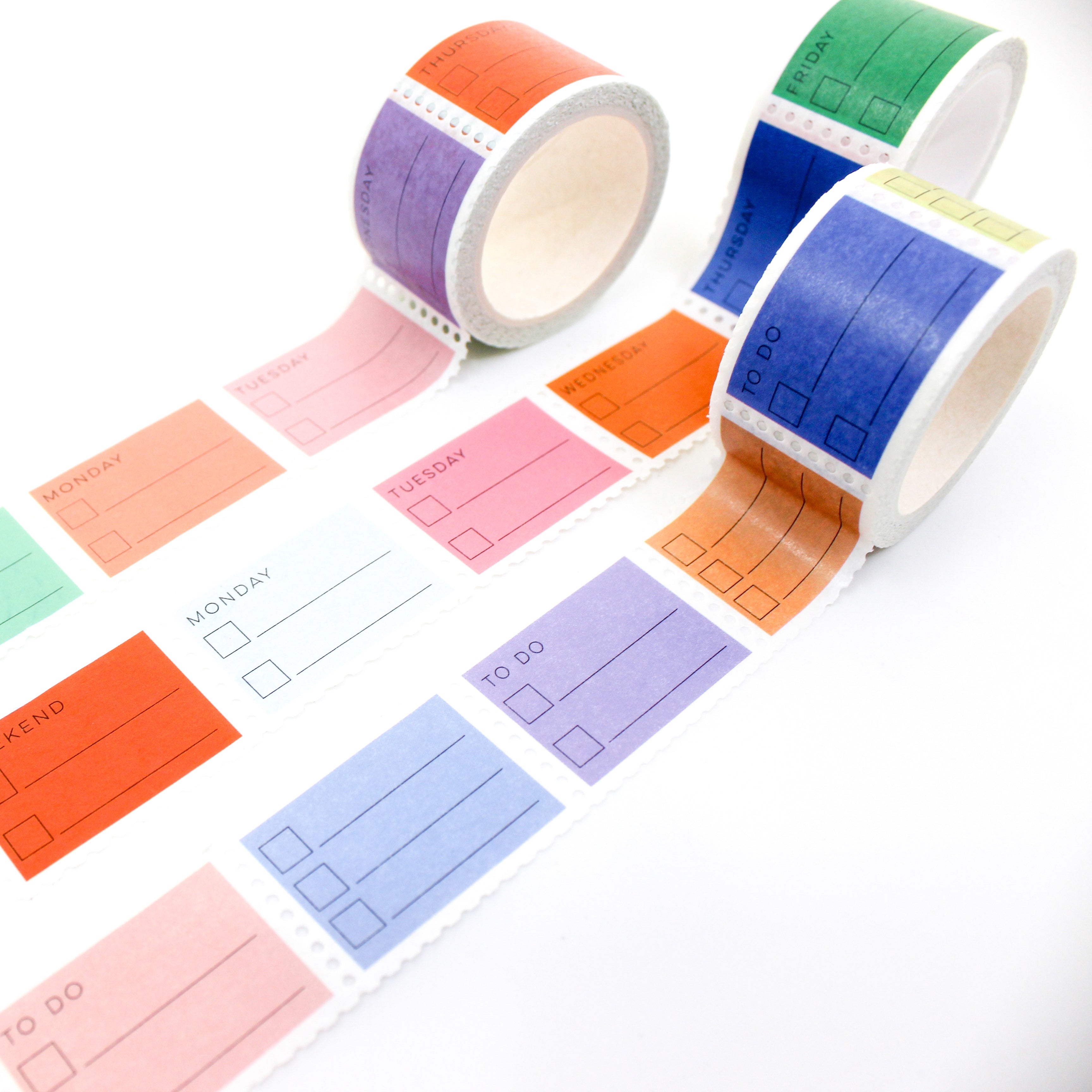 This is a view of pastel and primary color to do list days of the week stamps washi tape from BBB Supplies Craft Shop