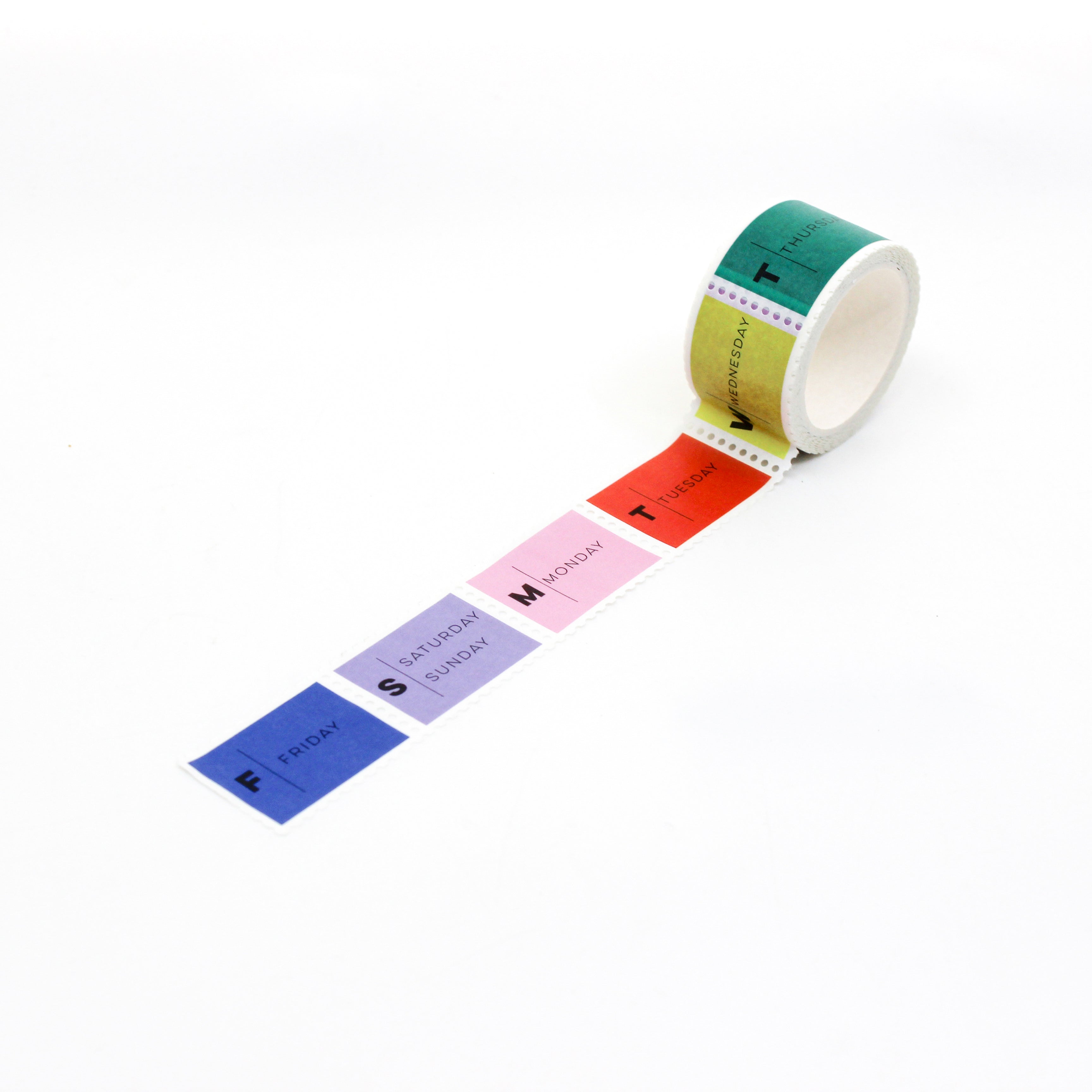 This is a repeat full view pattern of primary color days of the week stamps washi tape from BBB Supplies Craft Shop