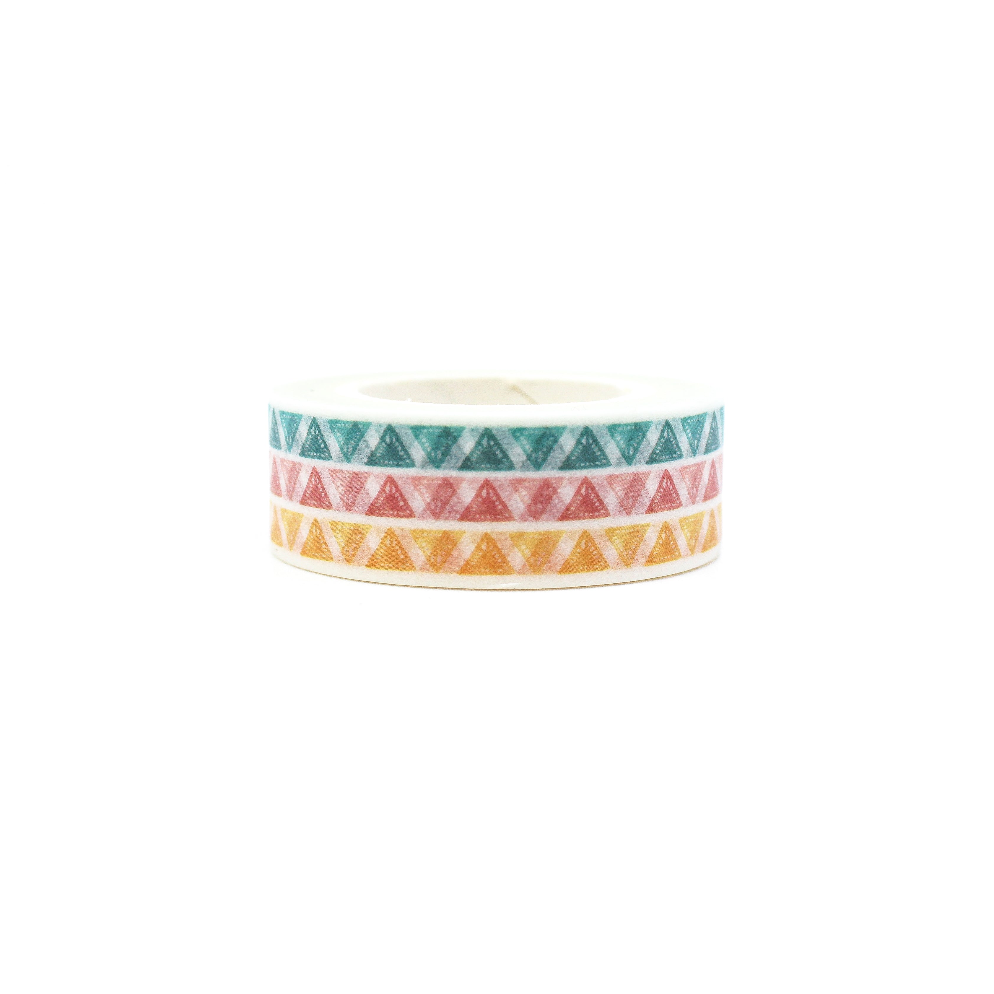 This is a blue, yellow and pink triangle geometric view themed washi tape from BBB Supplies Craft Shop