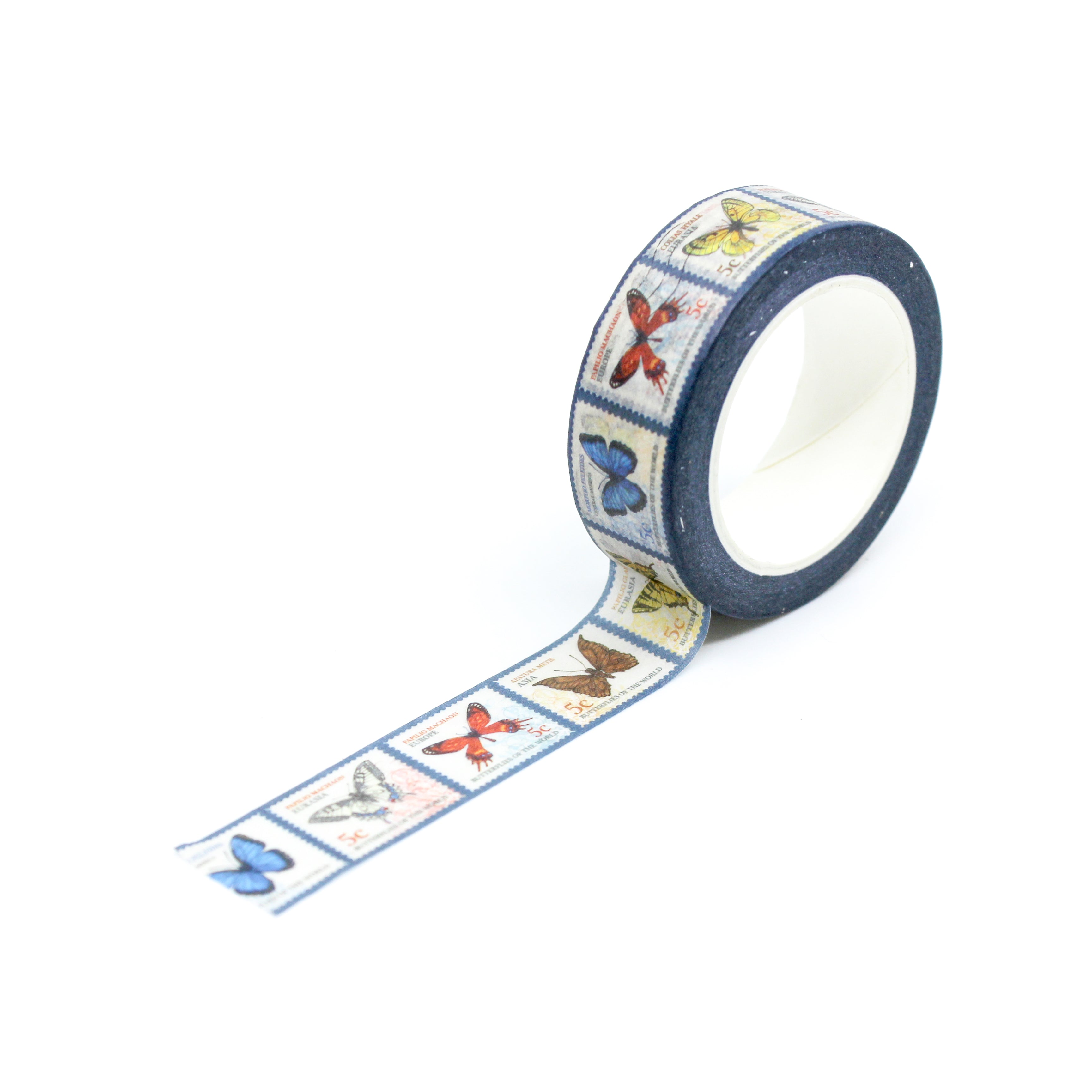 This is a full pattern repeat view of yellow, white, red, and blue butterflies with newsprint design washi tape from BBB Supplies Craft Shop