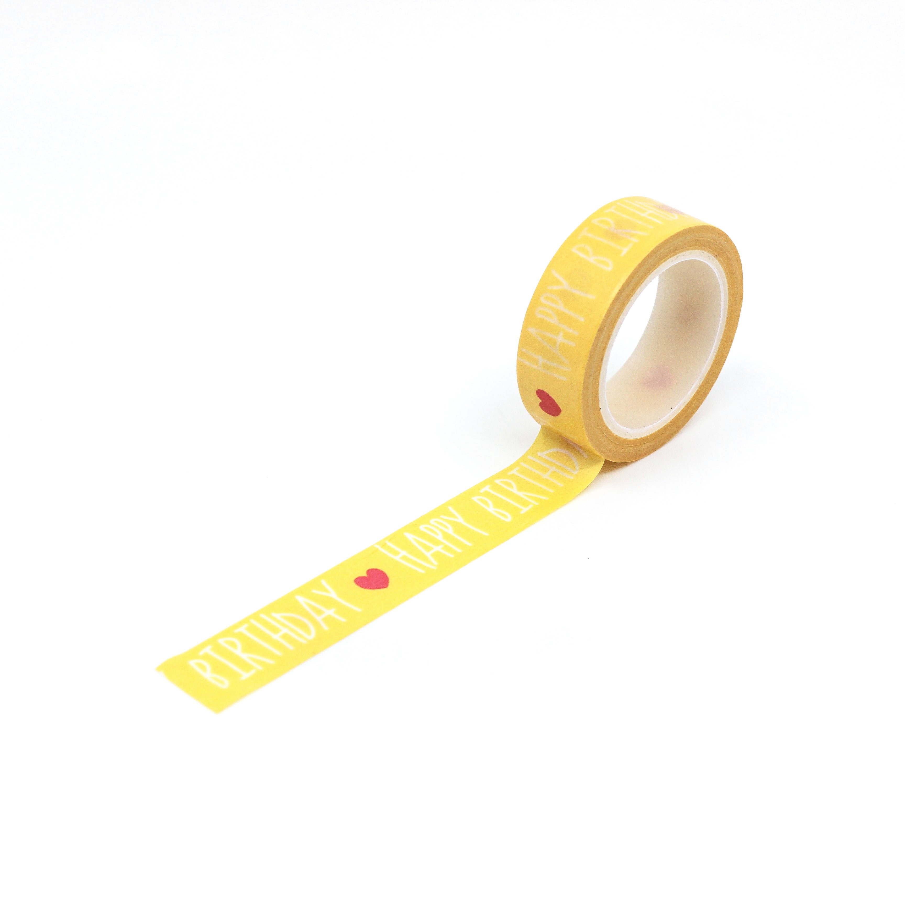 This is a full pattern repeat view of yellow happy birthday greetings washi tape BBB Supplies Craft Shop