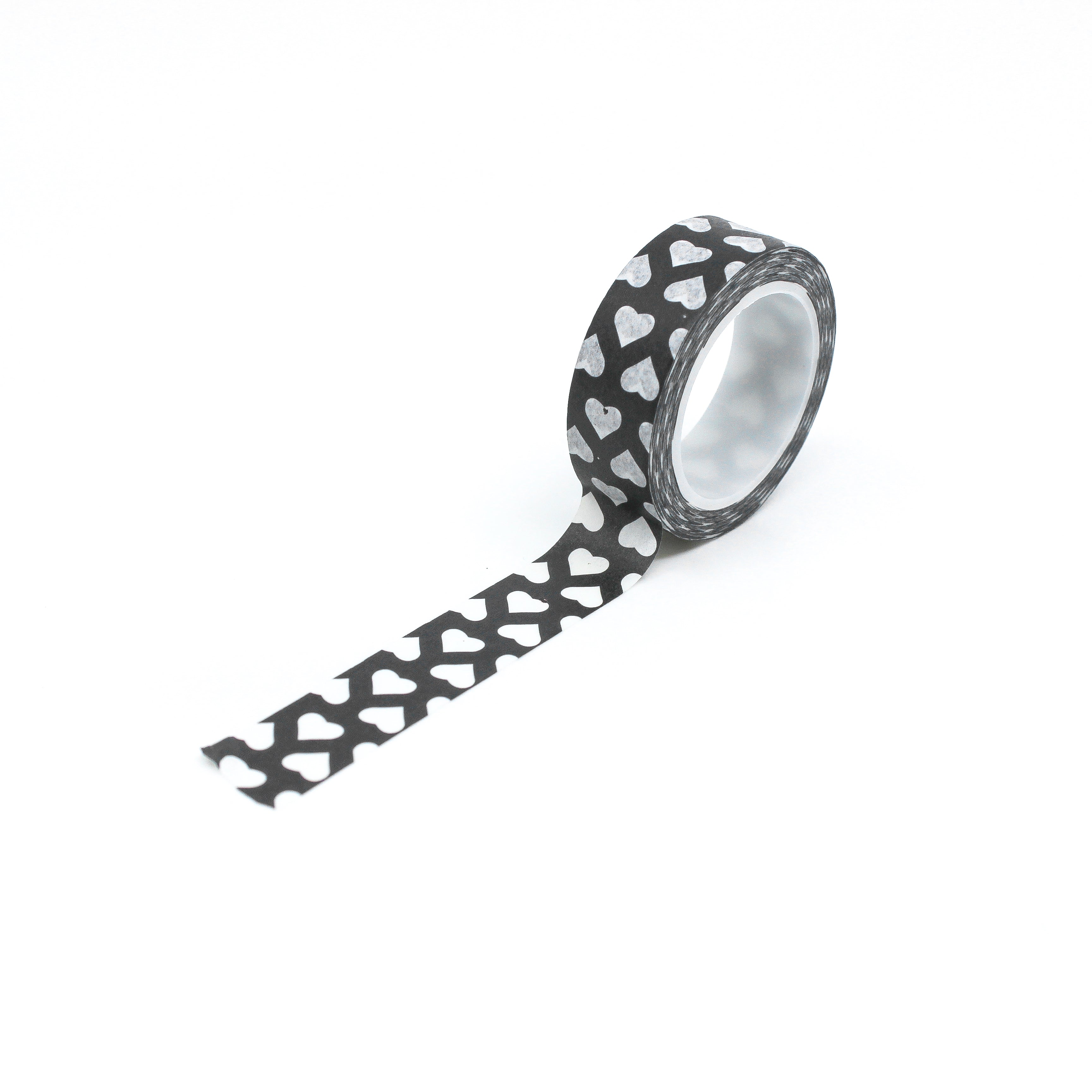 This is a full pattern repeat view of white hearts in black background washi tape BBB Supplies Craft Shop