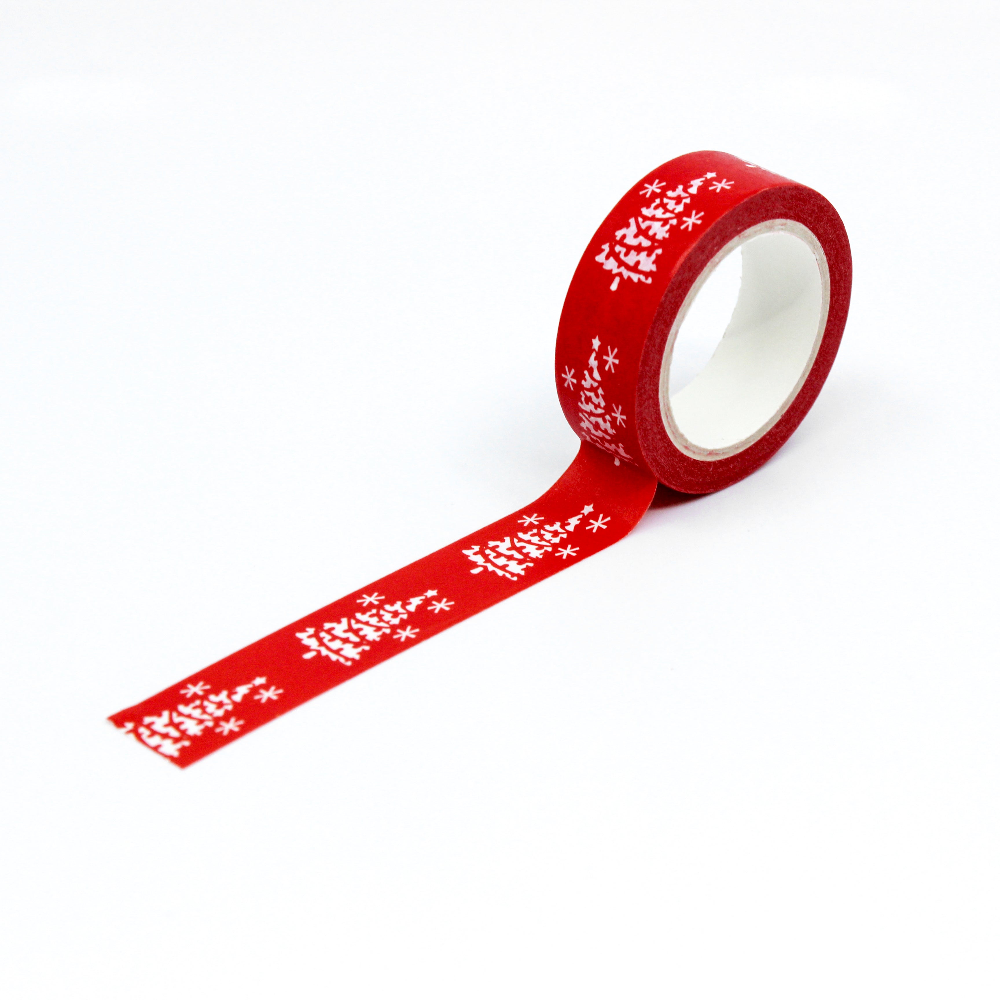 This is a full pattern repeat view of red Holiday Christmas tree washi tape from BBB Supplies Craft Shop