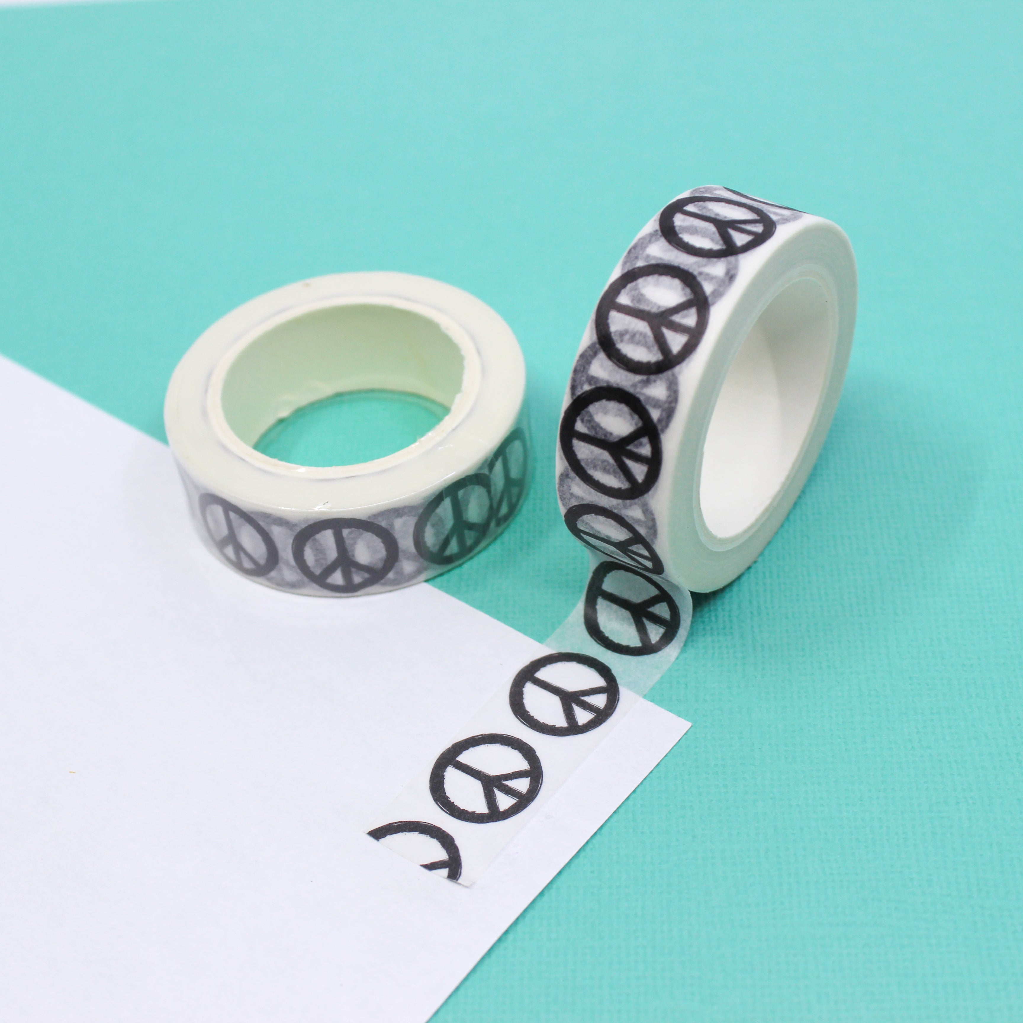 This is a black and white peace sign view themed washi tape from BBB Supplies Craft Shop