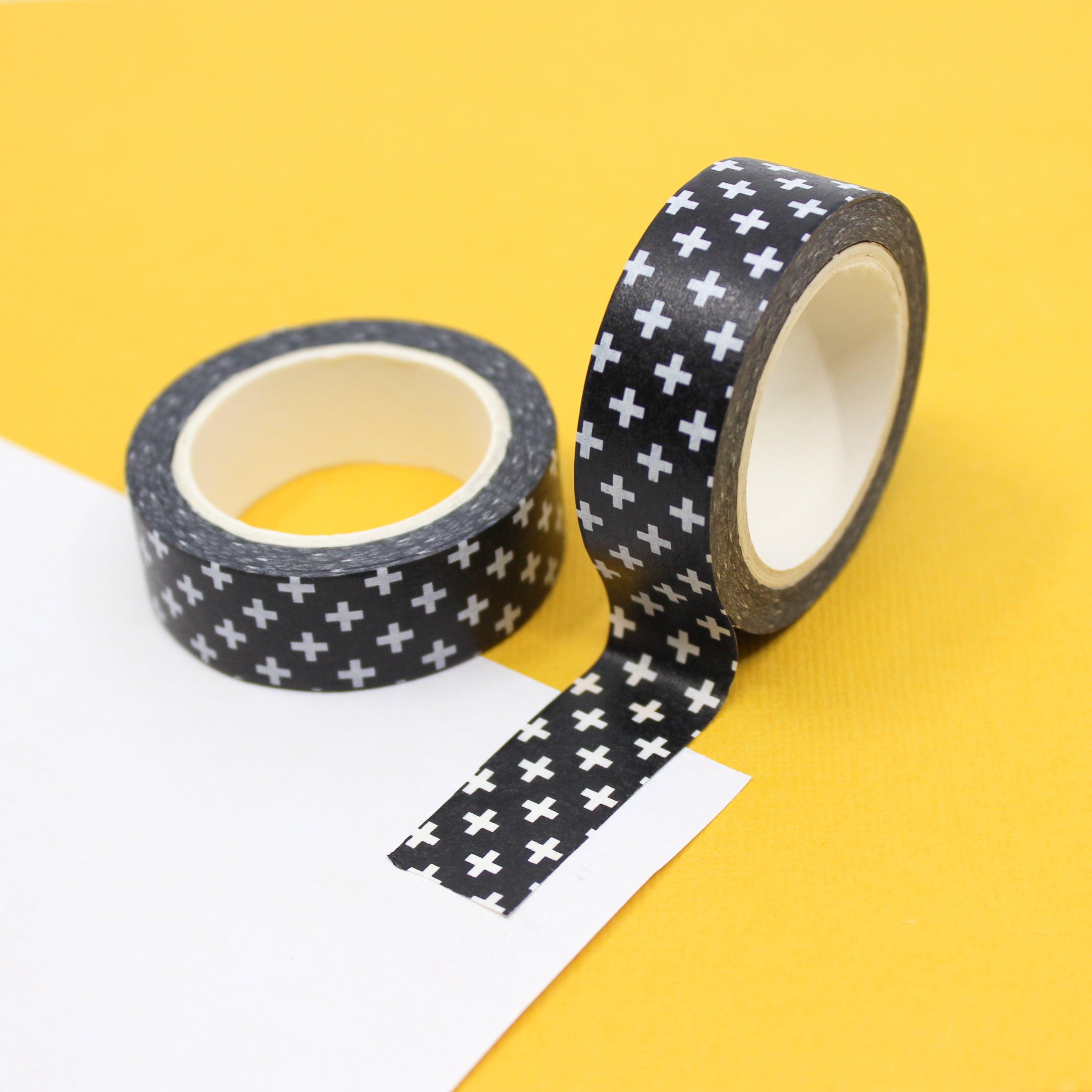This is a black and white swiss cross pattern view themed washi tape from BBB Supplies Craft Shop