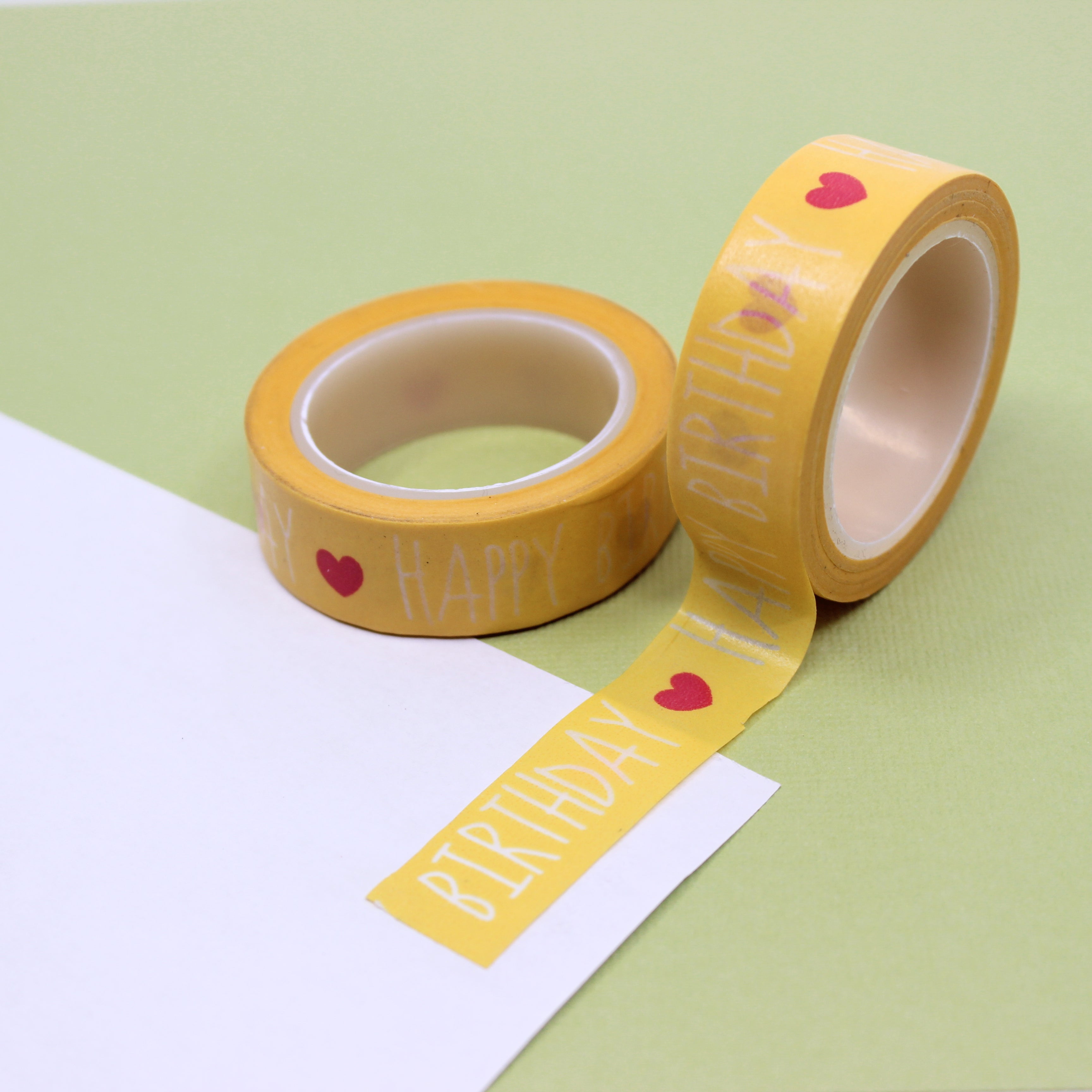 This is a yellow happy birthday greetings pattern view themed washi tape from BBB Supplies Craft Shop