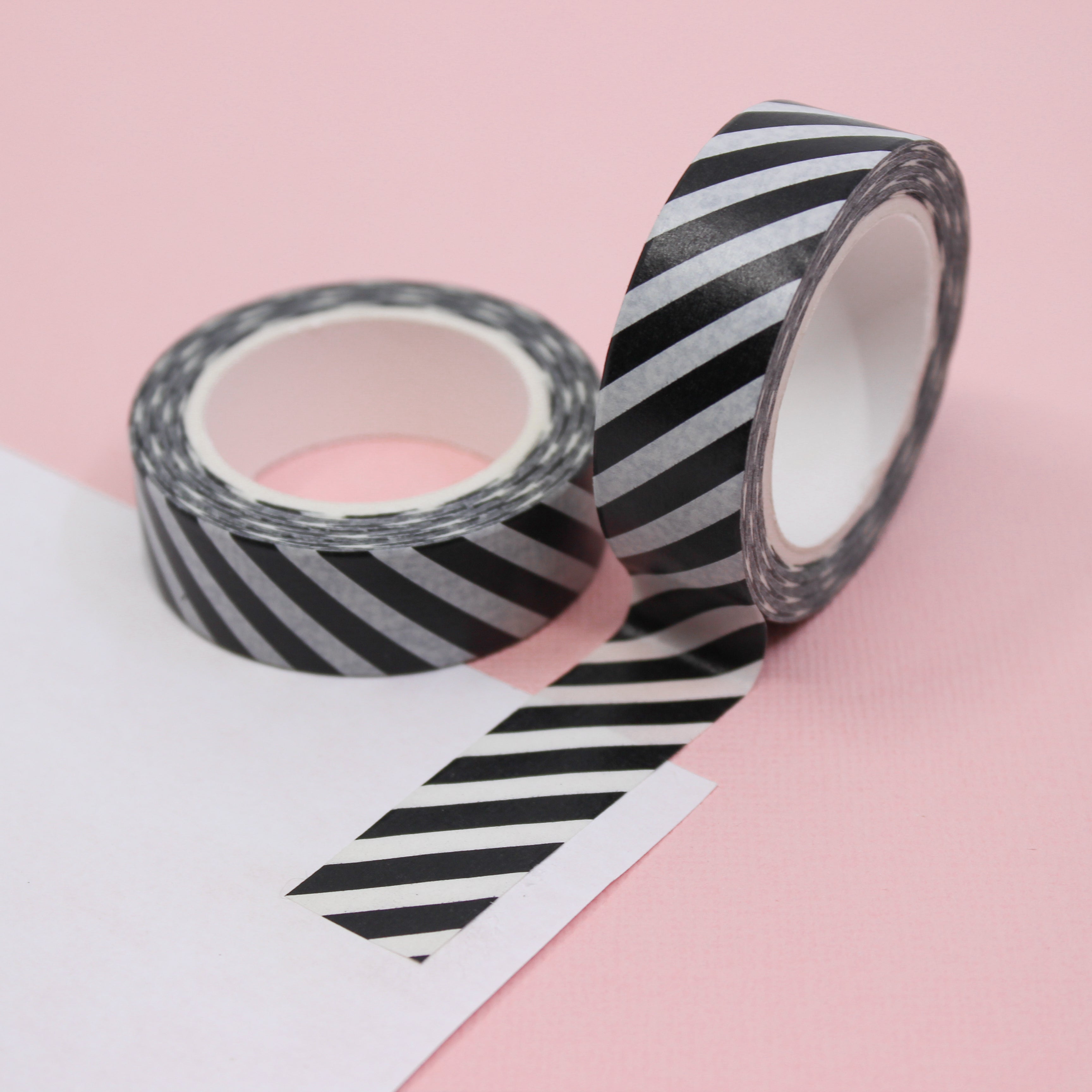 This is a black and white diagonal stripe view themed washi tape from BBB Supplies Craft Shop