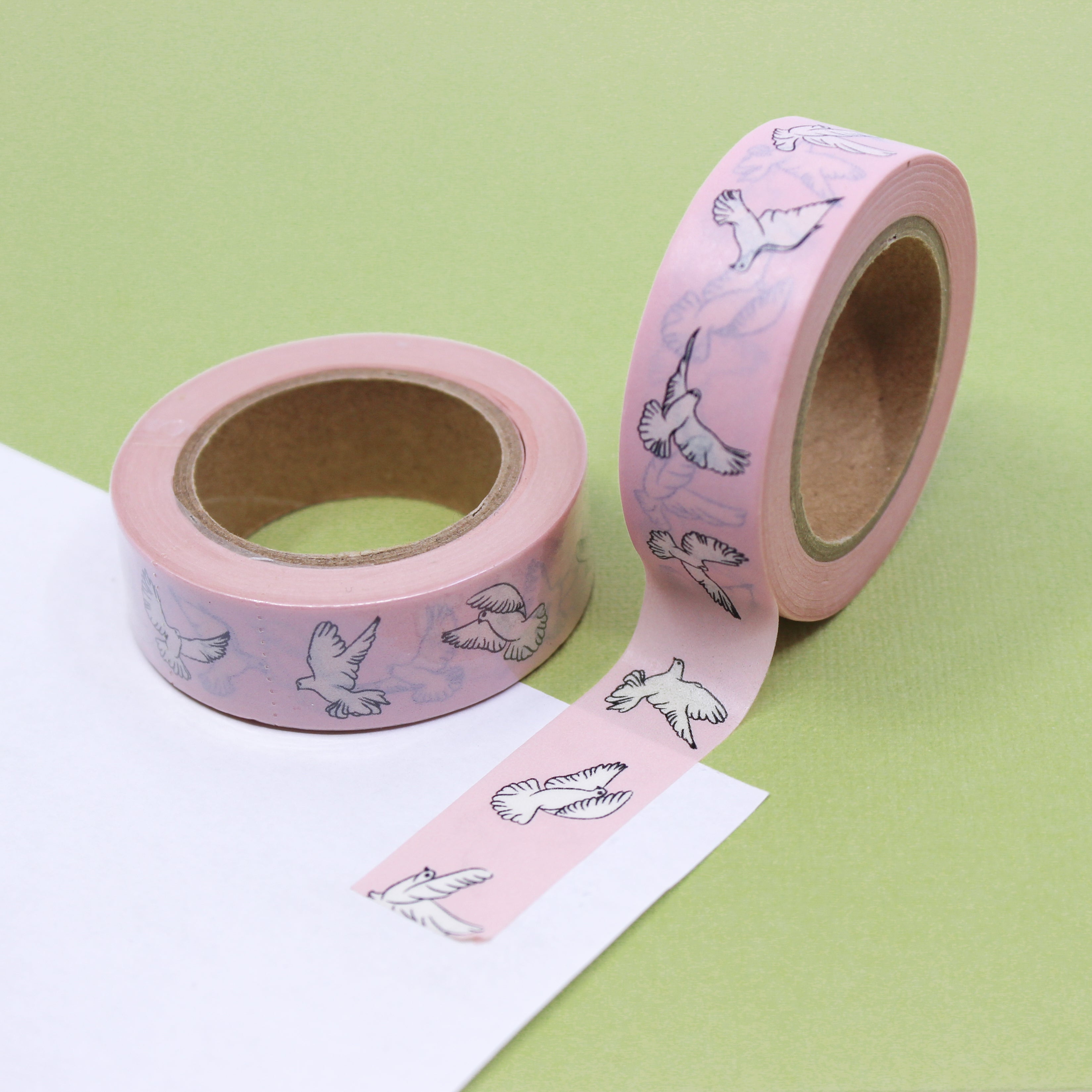 This is a pink flying doves view themed washi tape from BBB Supplies Craft Shop