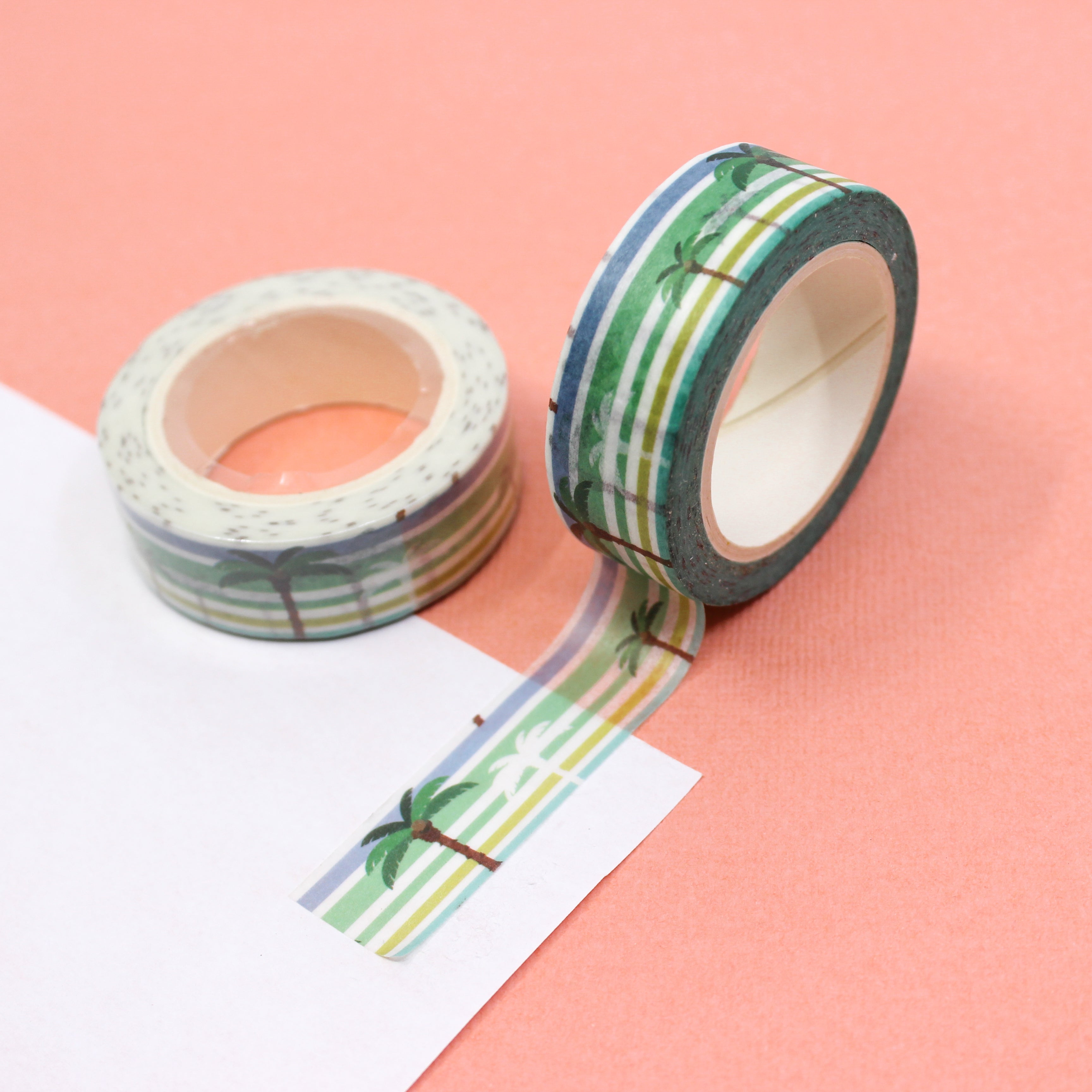 This is a green and blue stripe palm view themed washi tape from BBB Supplies Craft Shop