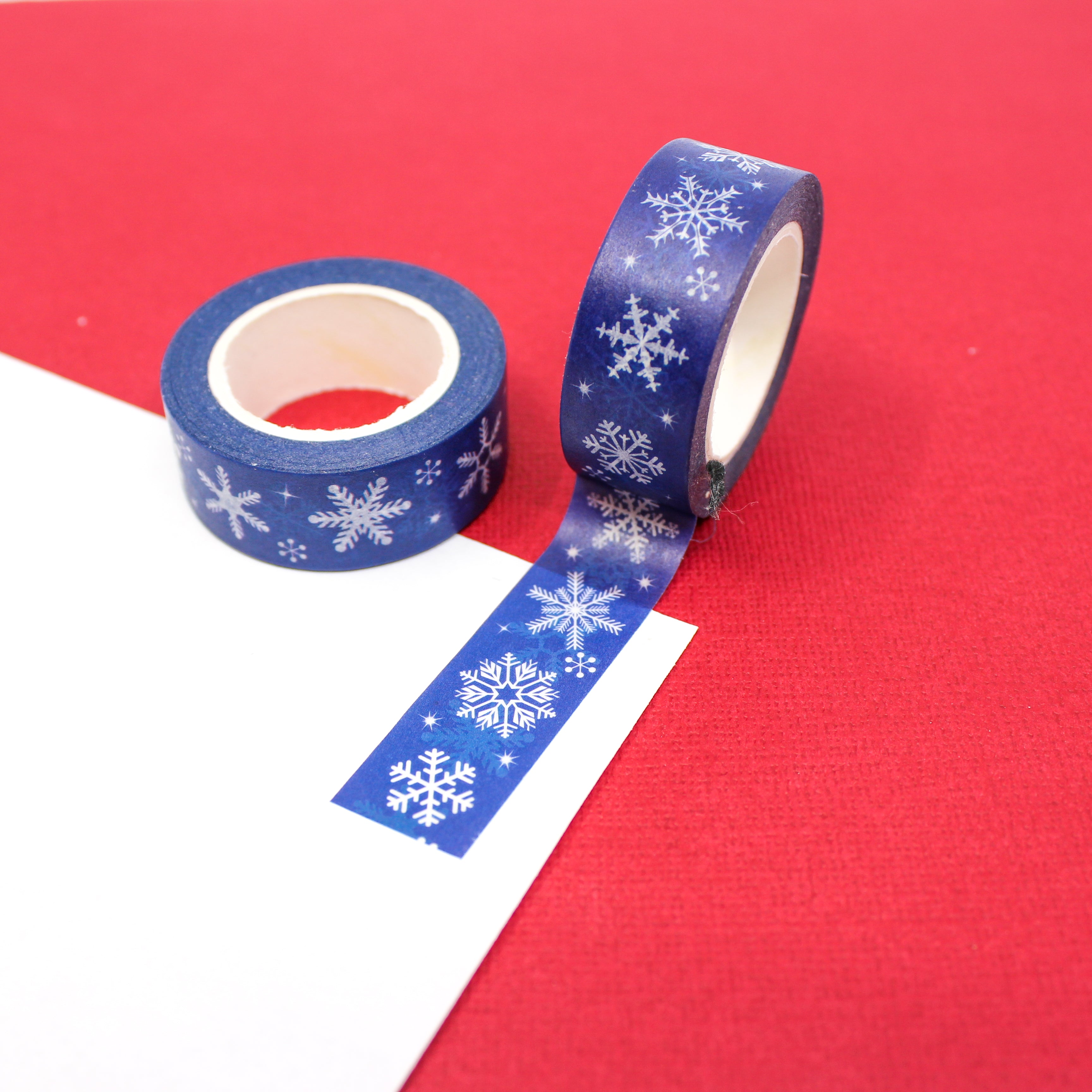 This is a dark blue snowflakes washi tape from BBB Supplies Craft Shop