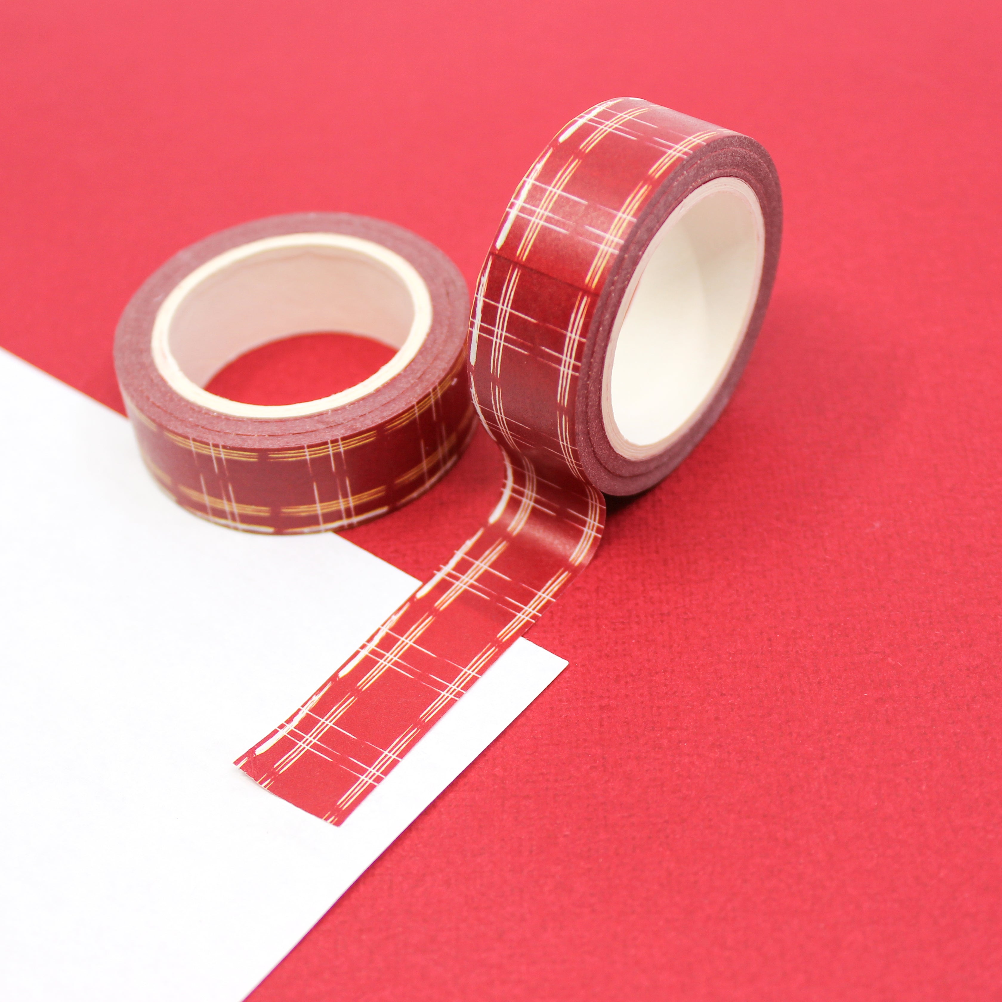 This is a red Christmas plaid view themed washi tape from BBB Supplies Craft Shop