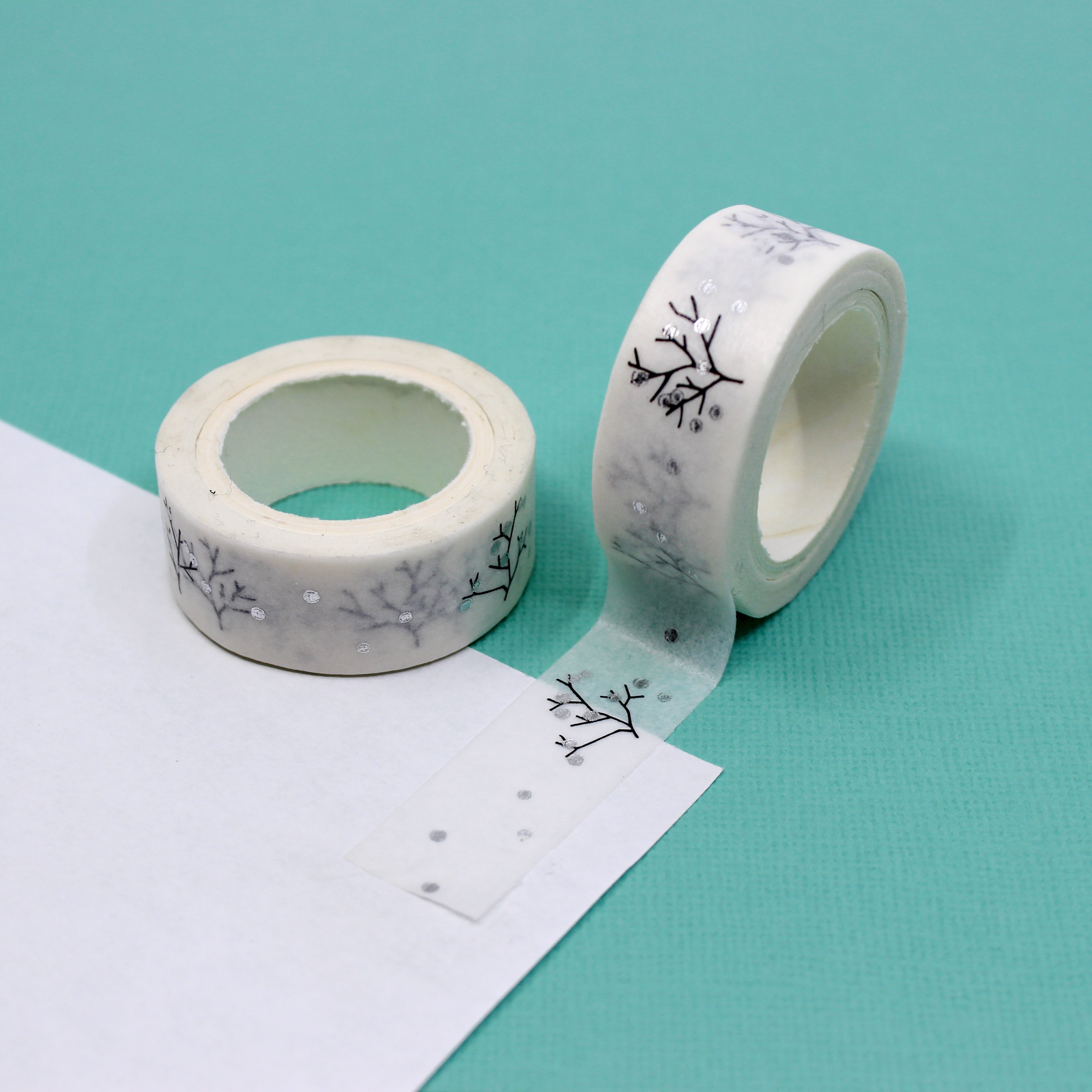 This is white and silver foil tree branch Washi Tape from BBB Supplies Craft Shop
