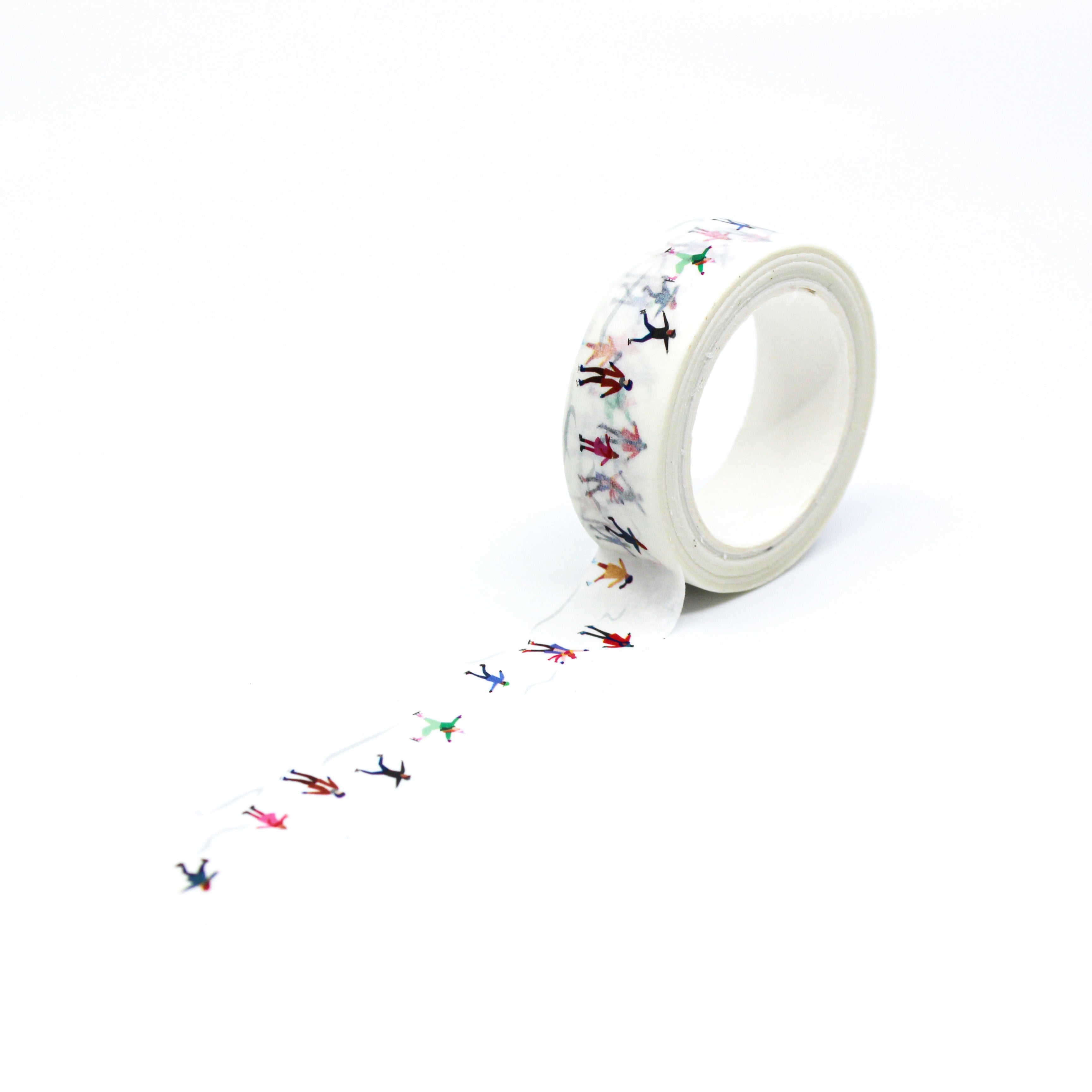 This is a full pattern repeat view of colorful ice skater families and children in white background themed washi tape from BBB Supplies Craft Shop
