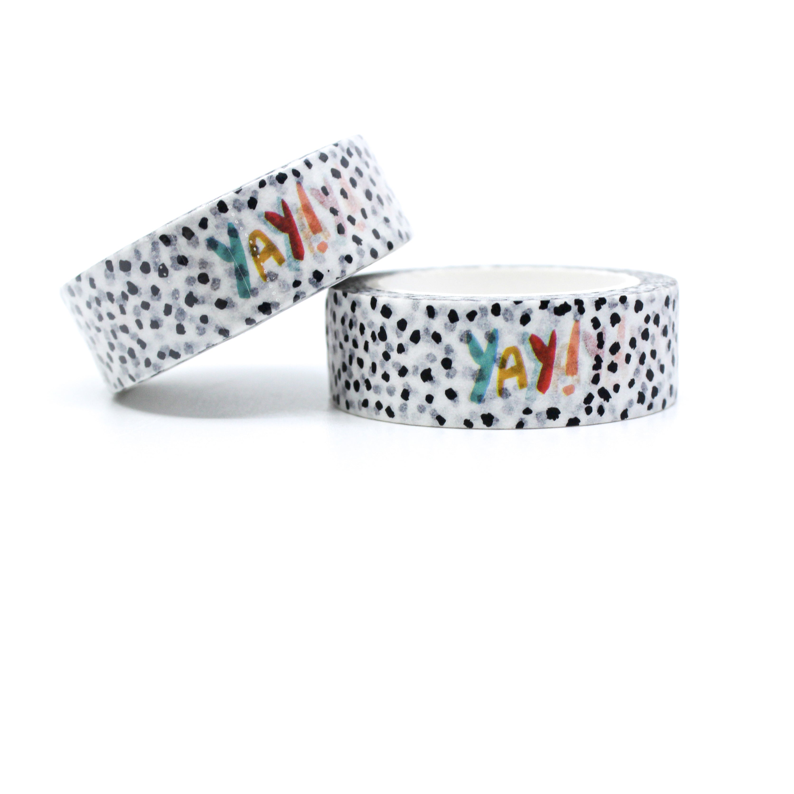 This is a fun and colorful YAY! Text washi tapes on a black and white speckled background from BBB Supplies Craft Shop and created by Zynshe.