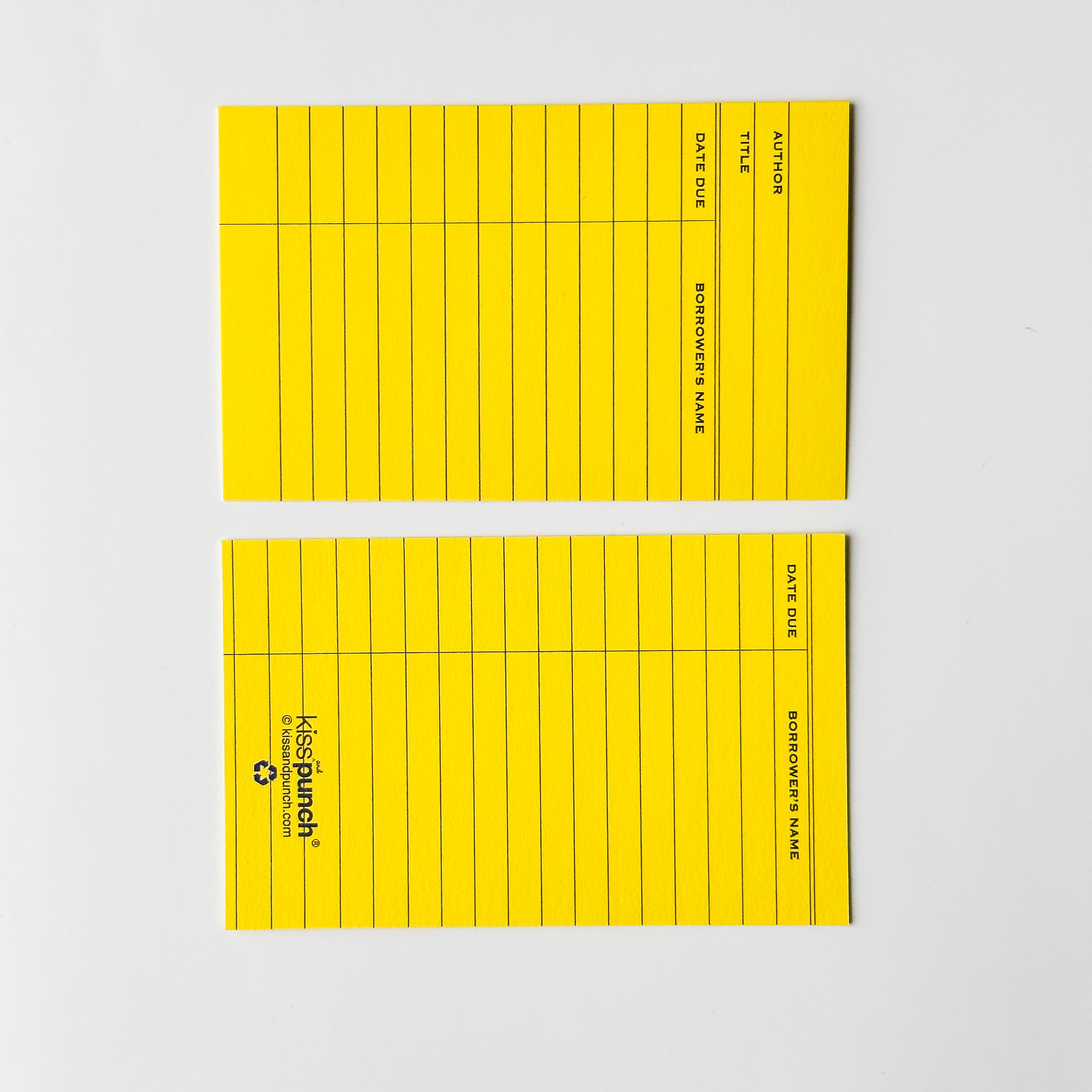 this is the front and back view of these adorable mini notecards resemble the nostolgic and classic yellow library book card. These are designed by kiss and punch and sold at BBB Supplies Craft Shop.
