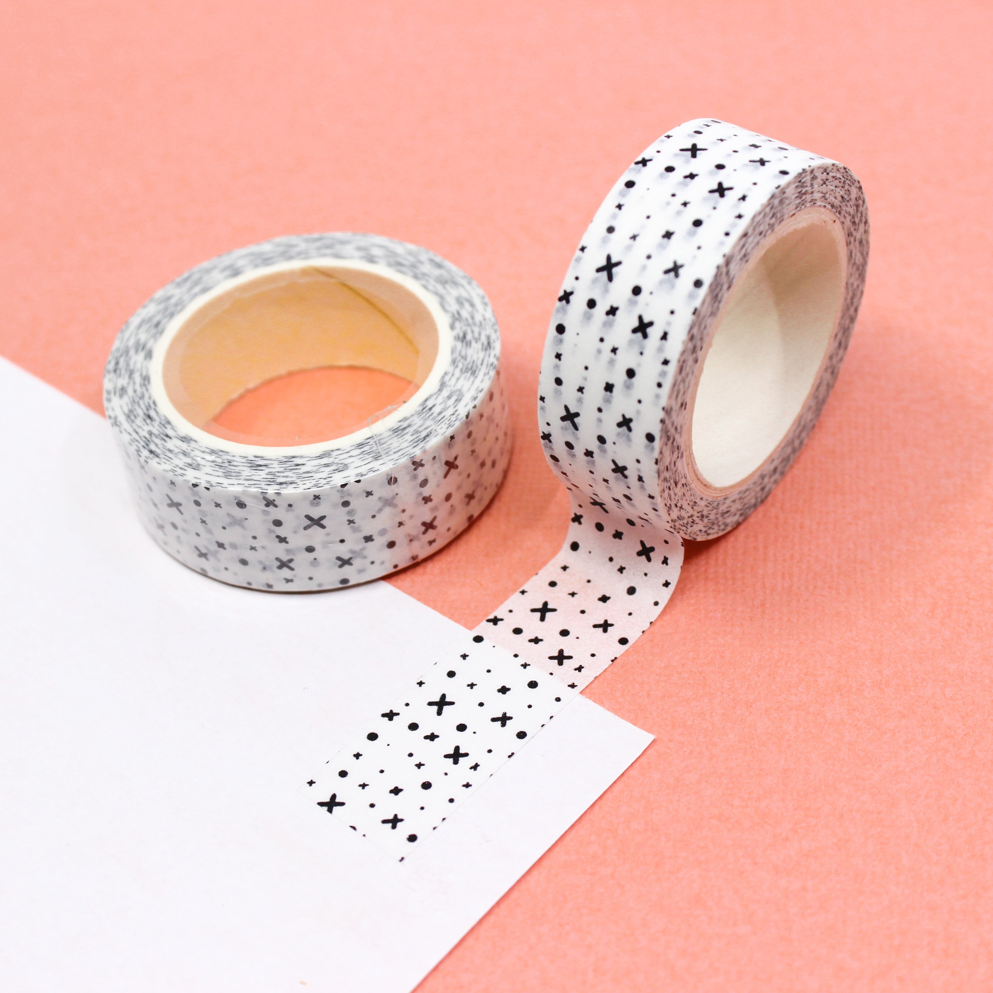 This photo is our black and white graphic pattern washi tape roll. It is sold at BBB Supplies Craft Shop.
