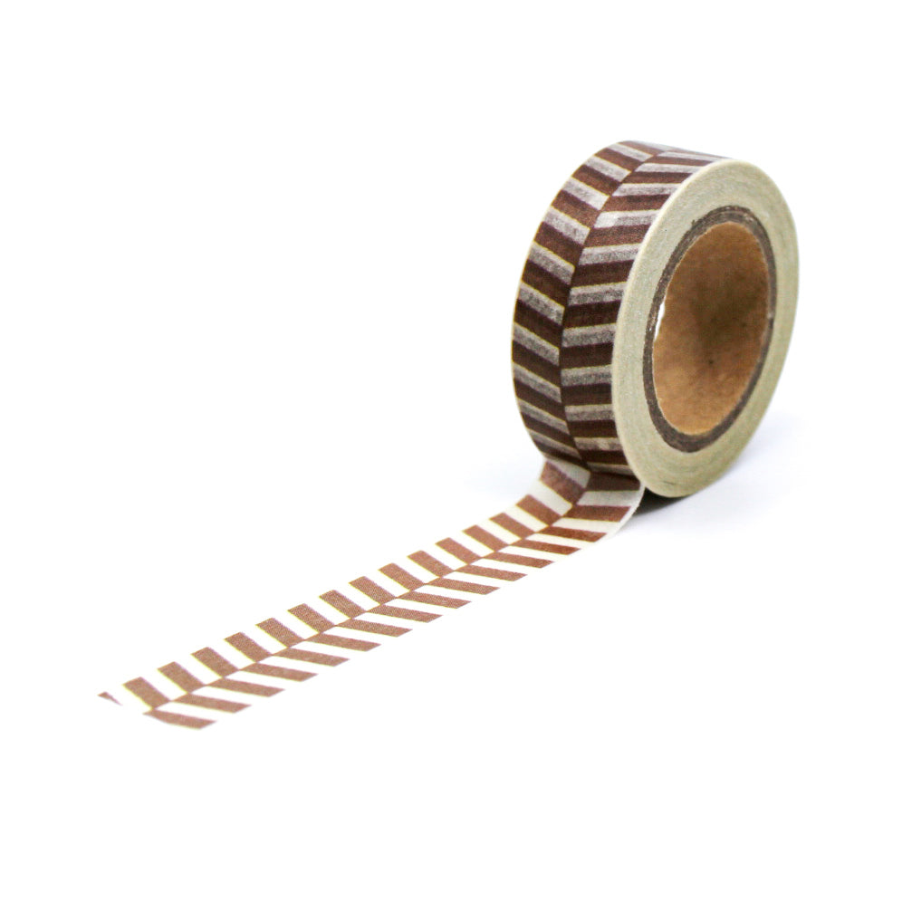 This fun and unique chevron pattern resembles a zipper. It will make a super cute addition to your washi collection. We sell this style of chevron tape in Yellow, brown and grey in our shop. This tape is sold at BBB Supplies Craft Shop.