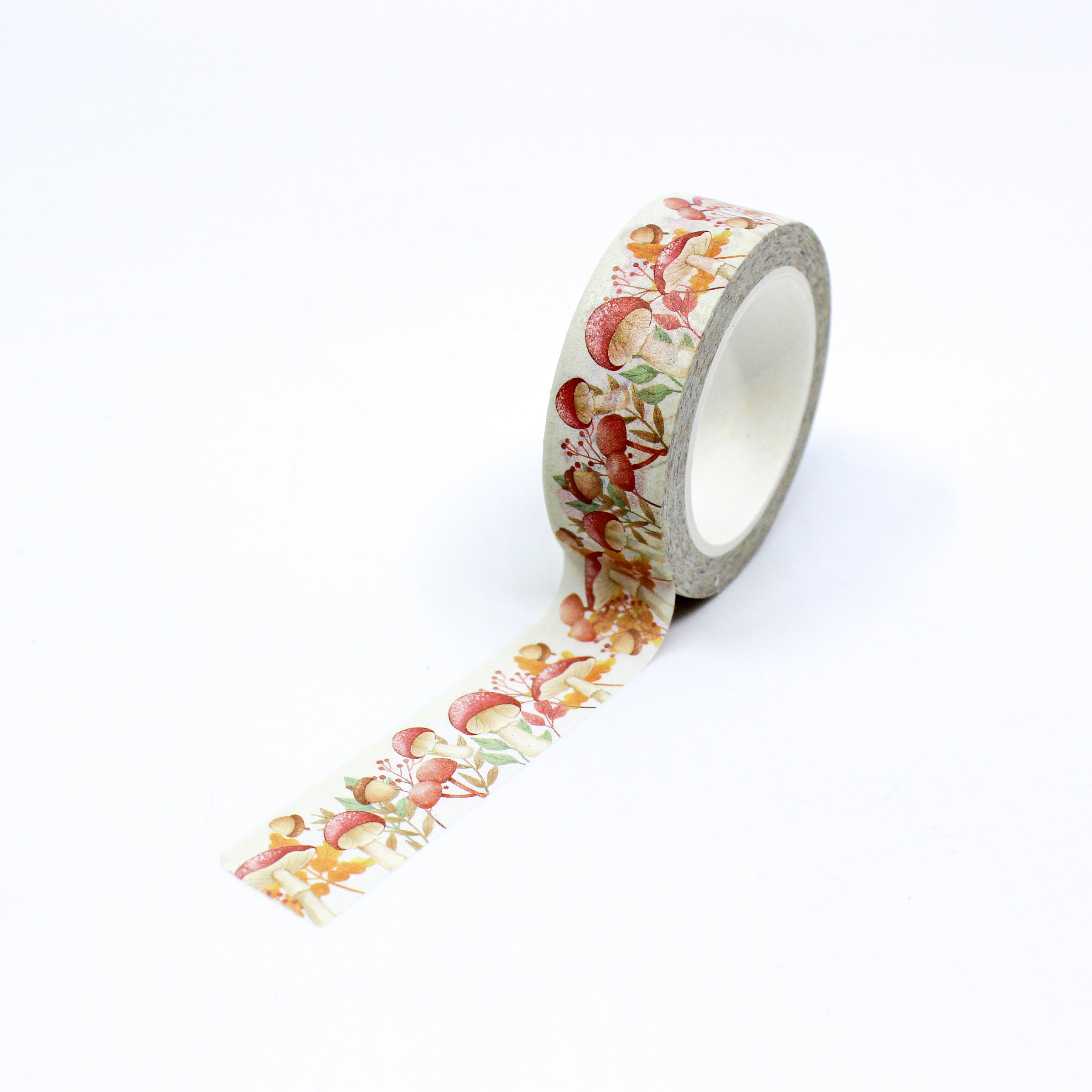 This is a full pattern repeat view of bright and fun mushrooms pattern washi tape from BBB Supplies Craft Shop