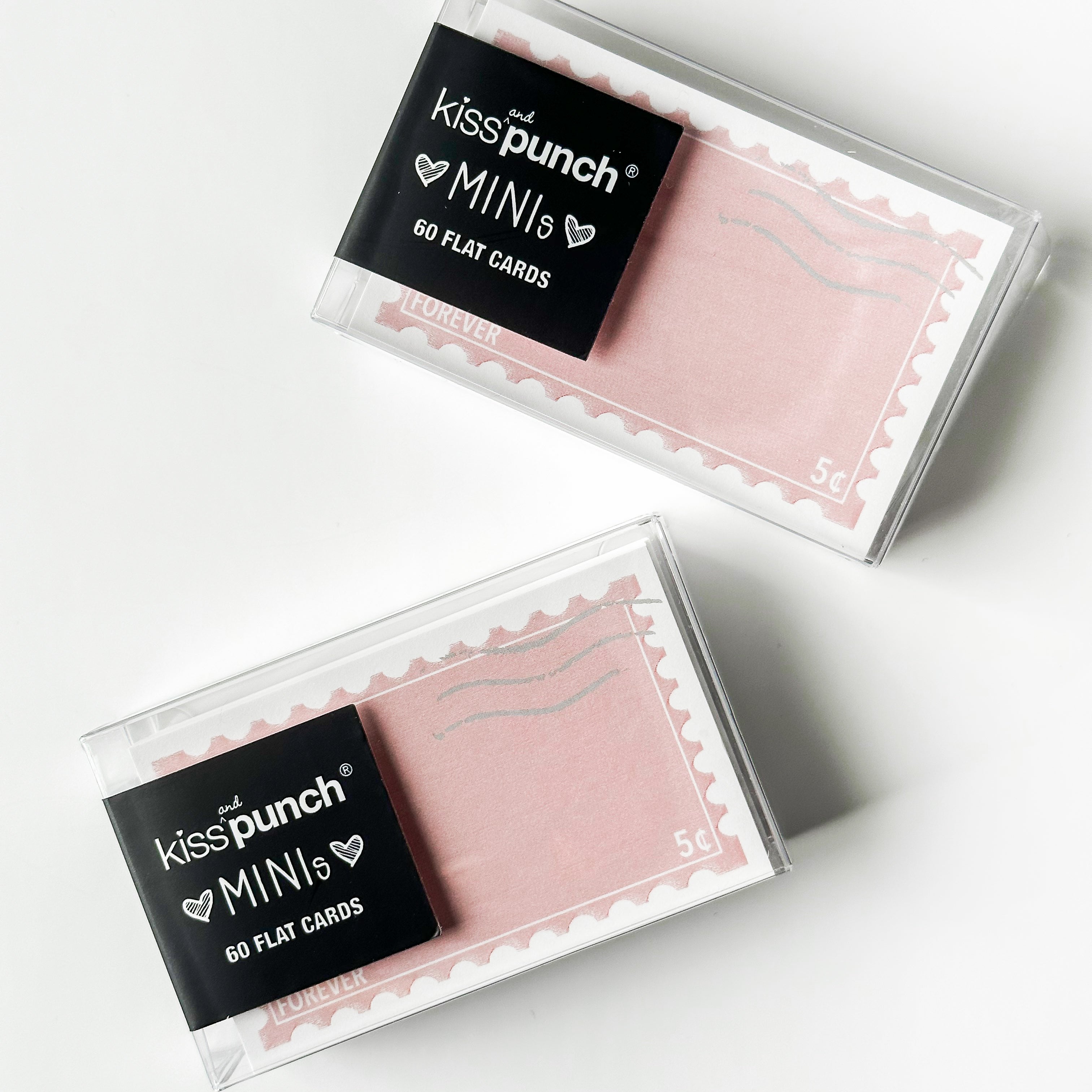 This is a photo of our adorable forever stamp style mini notecards, perfect for place cards, love notes, gift tags, lunch box notes, and snail mail. These are designed by Kiss and Punch and sold at BBB Supplies Craft Shop.