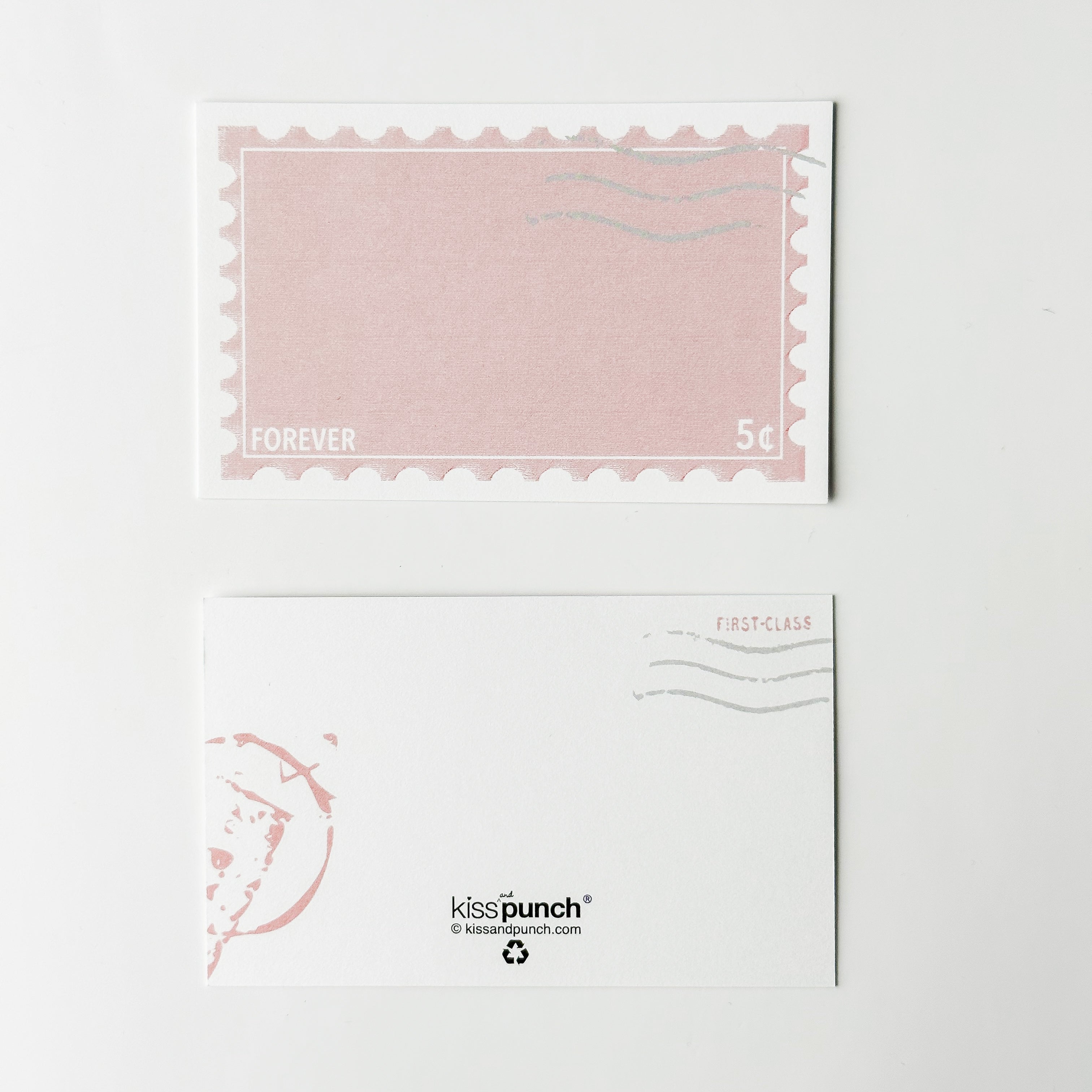 This is a photo of the front and back view of our adorable forever stamp style mini notecards, perfect for place cards, love notes, gift tags, lunch box notes, and snail mail. These are designed by Kiss and Punch and sold at BBB Supplies Craft Shop.
