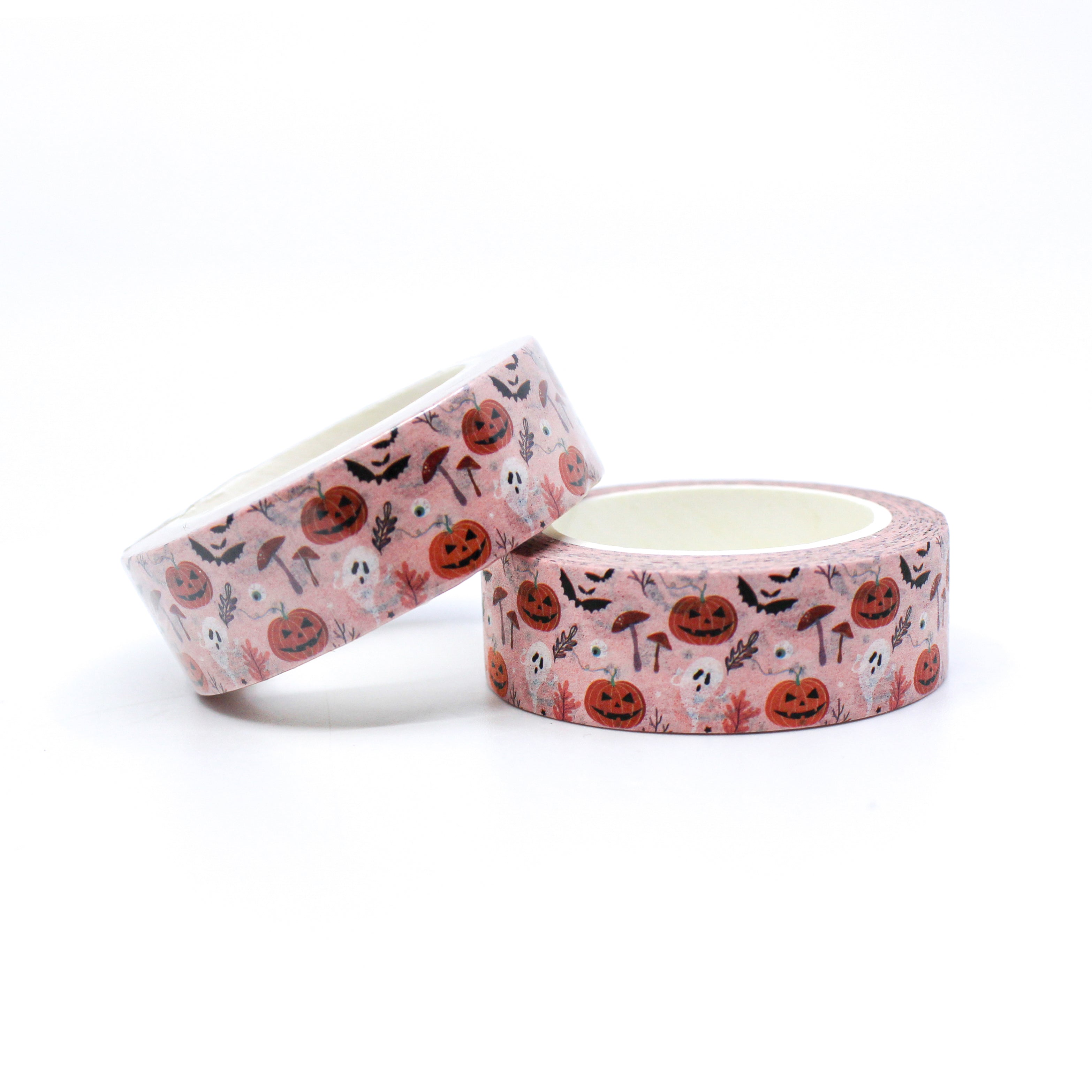 This is a pink foil of spooky pumpkin, ghost and mushrooms pattern washi tape from BBB Supplies Craft Shop