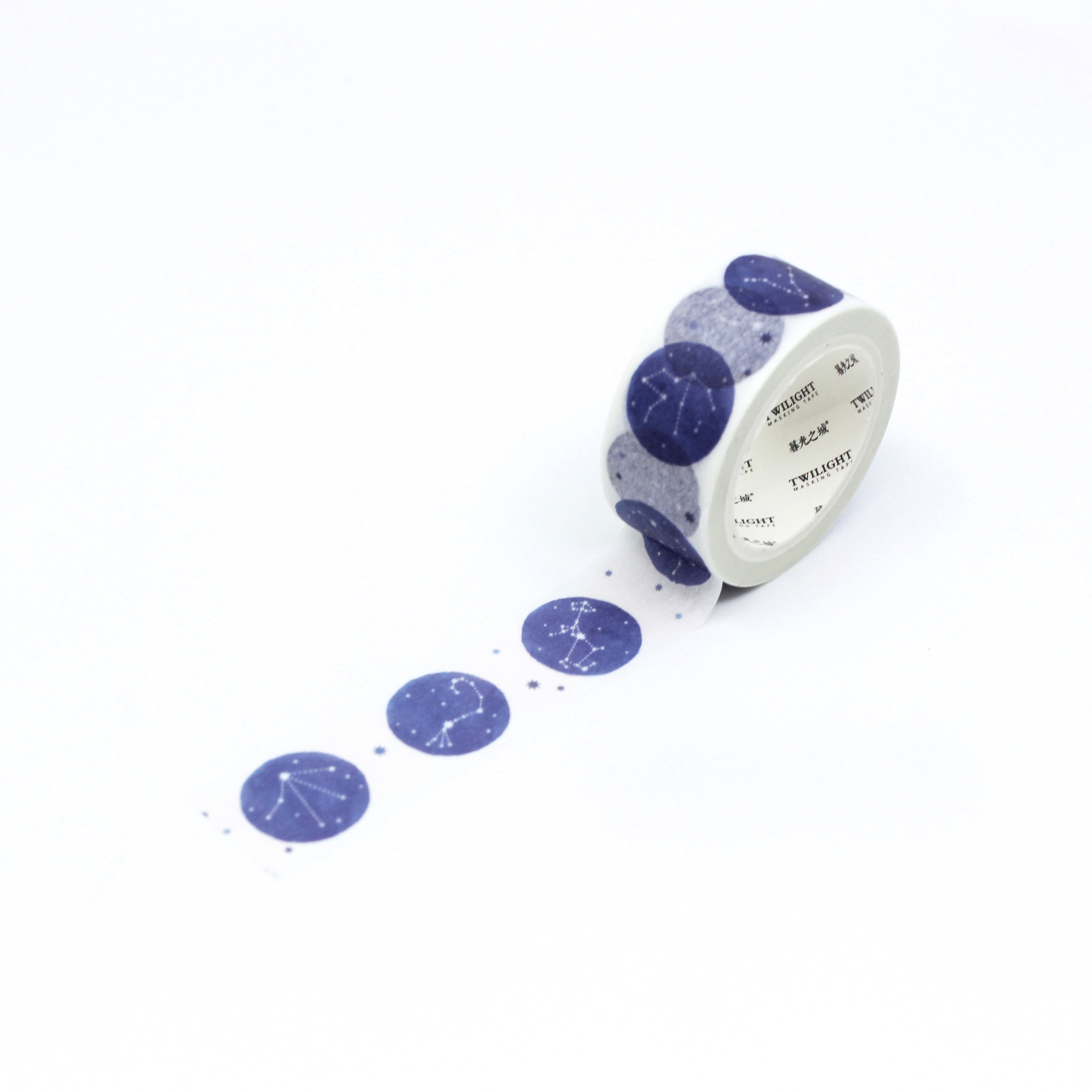 This is a repeat full view pattern of blue constellation circle pattern washi tape from BBB Supplies Craft Shop