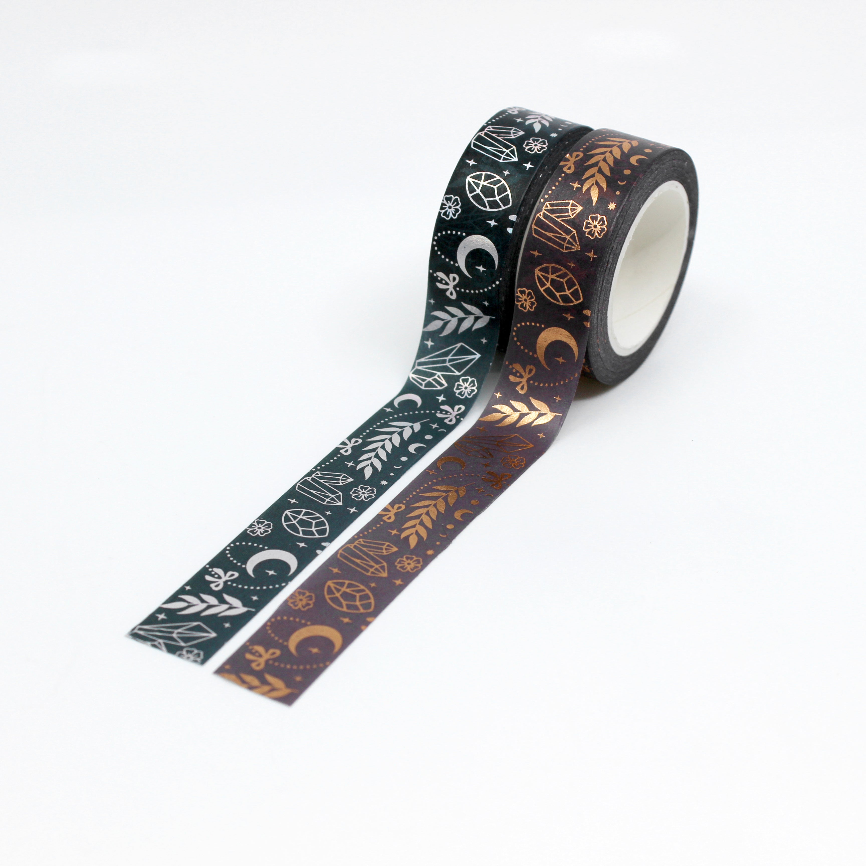 This is a view of copper and silver crystals and celestial points mystical symbols washi tapes from BBB Supplies Craft Shop