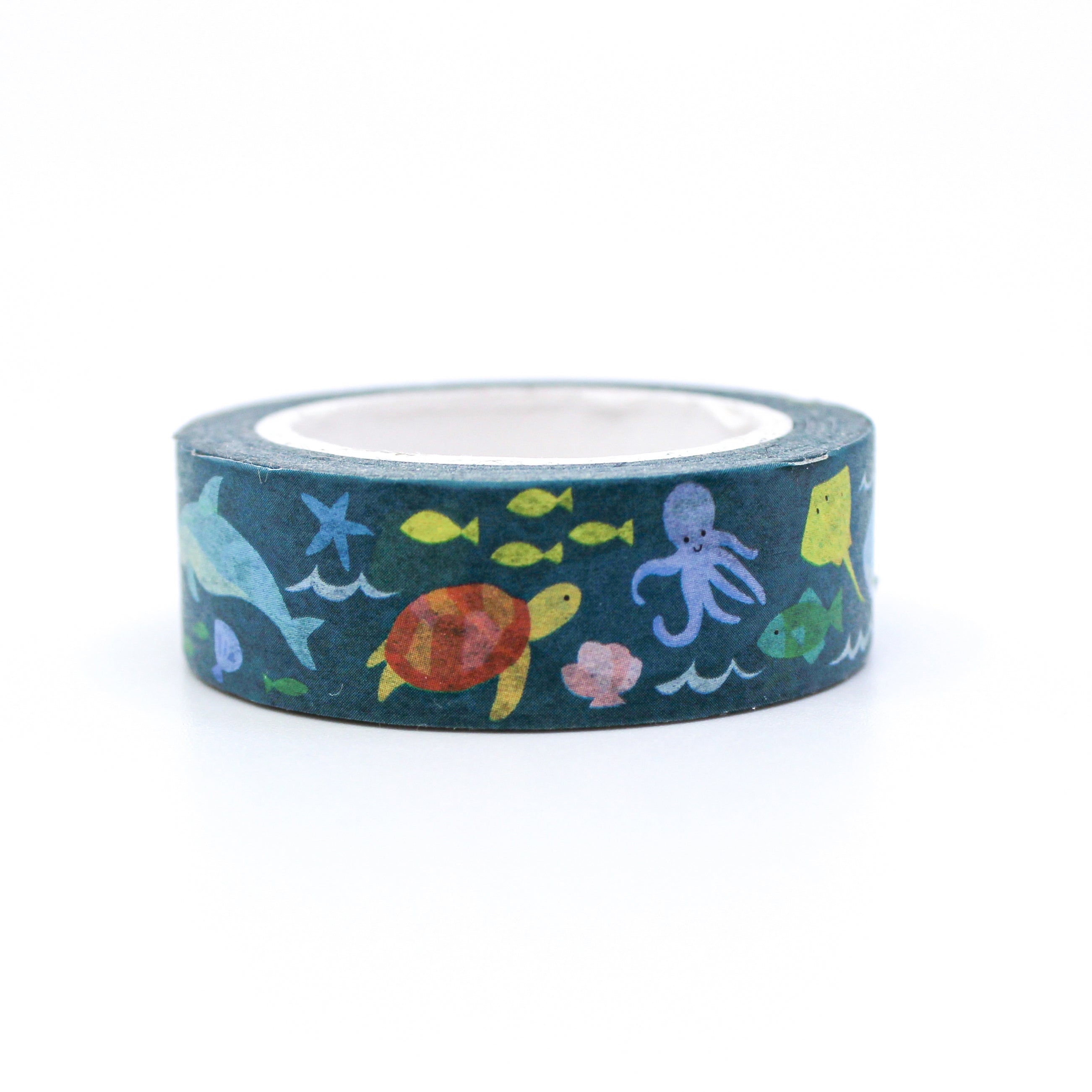 This is a view of dark green foil of sea creatures and under the water ocean pattern washi tape from BBB Supplies Craft Shop