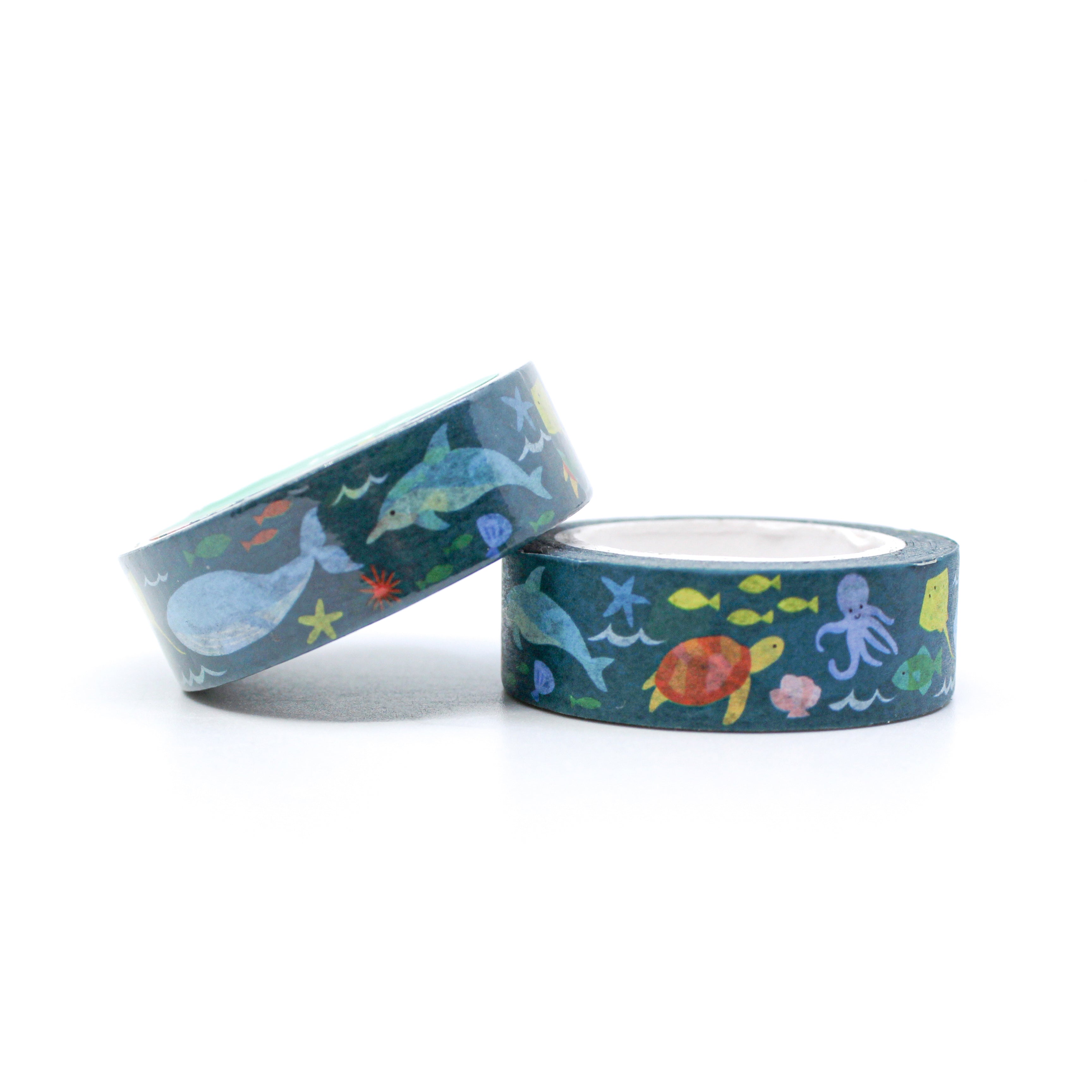 This is a view of dark green foil of sea creatures and under the water ocean pattern washi tape for Journal Supplies, Scrapbooking washi tapes from BBB Supplies Craft Shop
