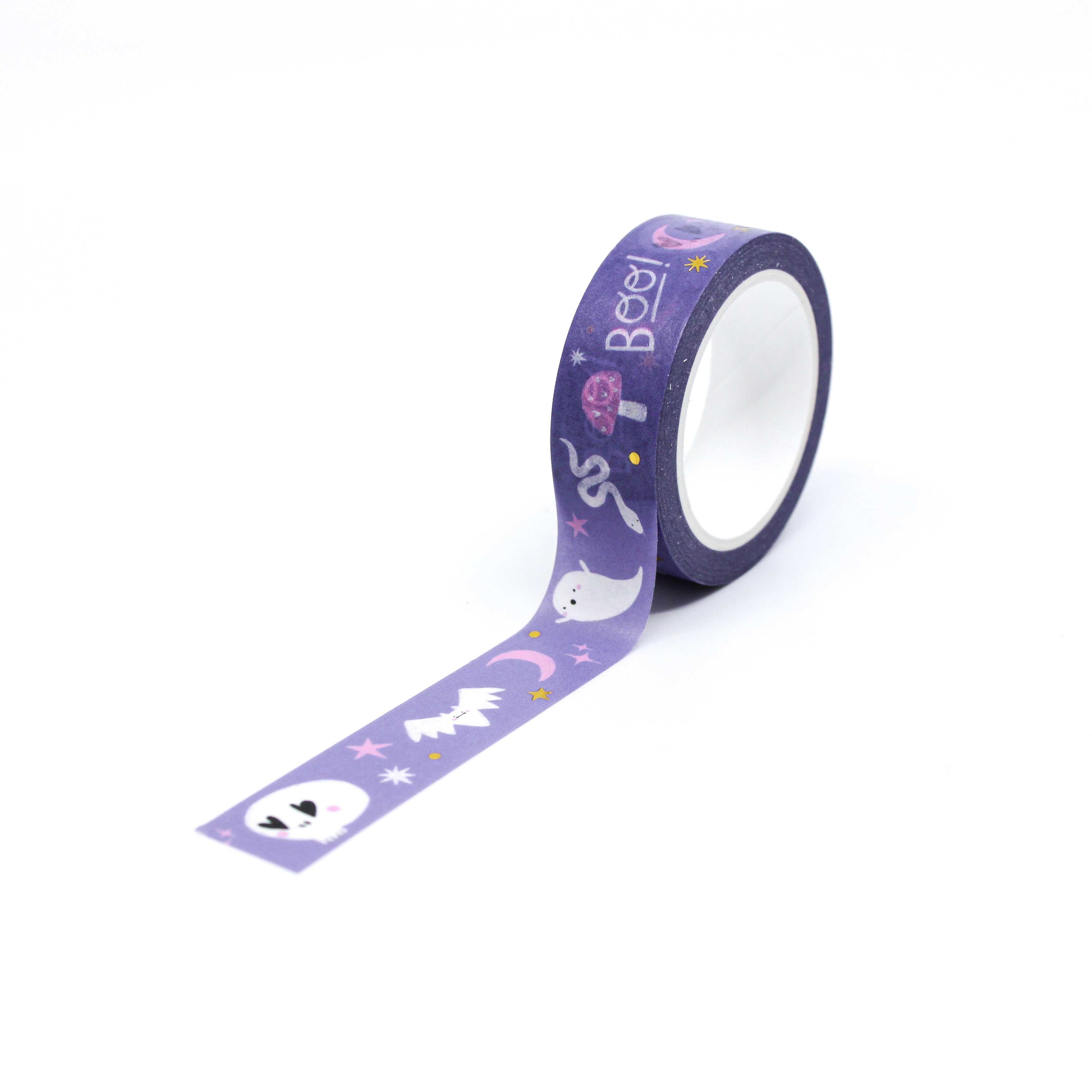 This is a full pattern repeat view of purple foil Halloween theme washi tape from BBB Supplies Craft Shop