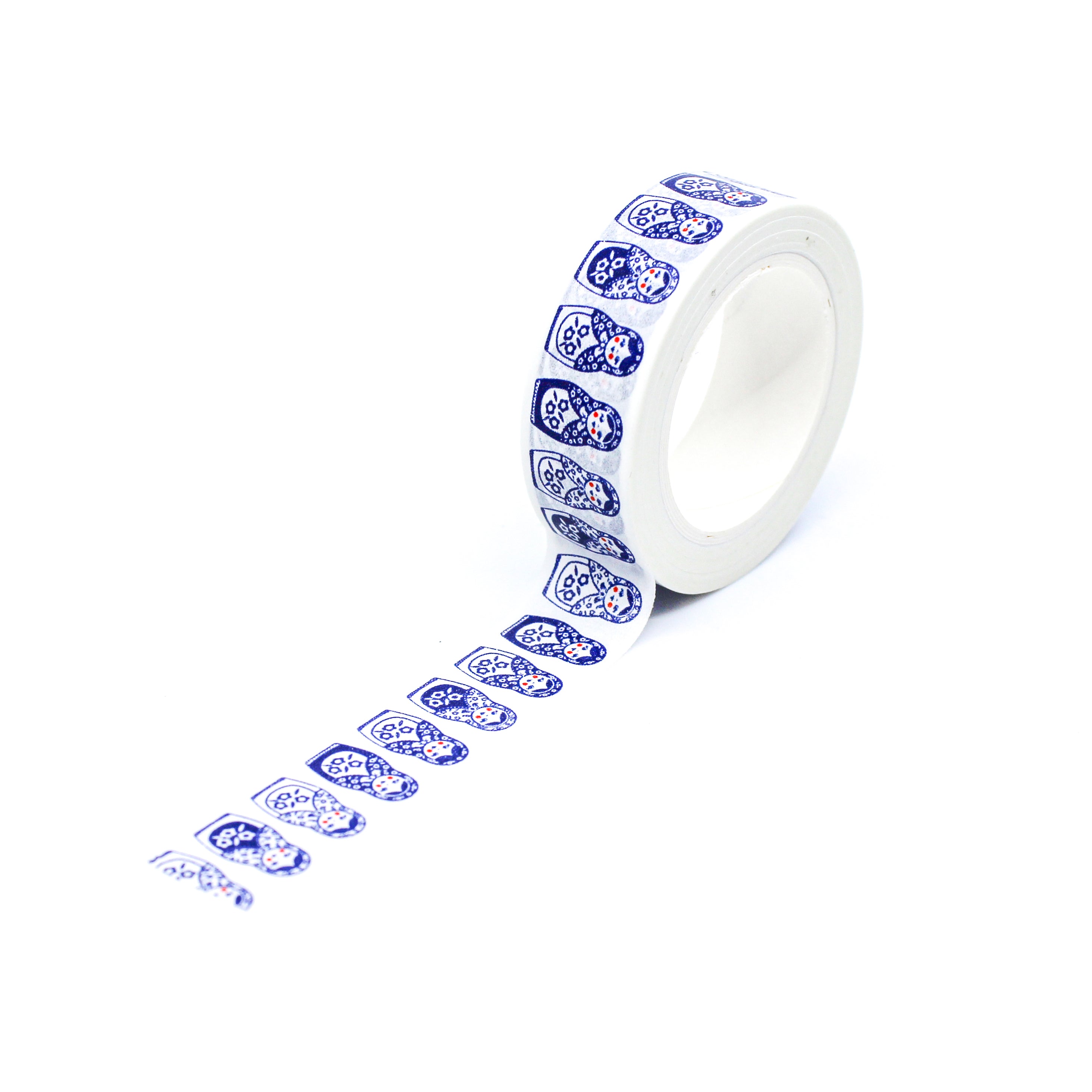 This is a repeat full view of blue Matryoshka dolls pattern washi tape from BBB Supplies Craft Shop