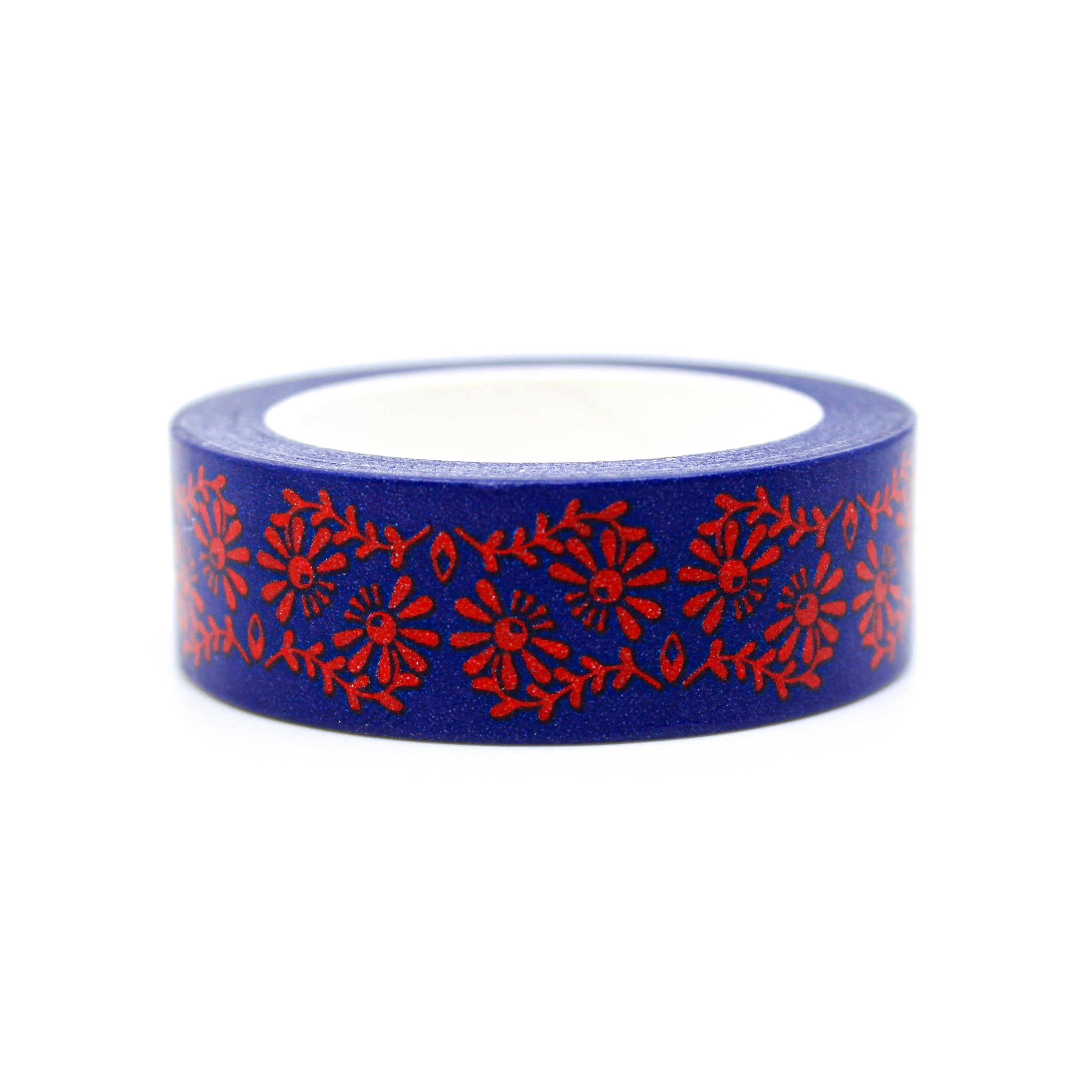This is a view of red embroidery on navy blue foil washi tape from BBB Supplies Craft Shop