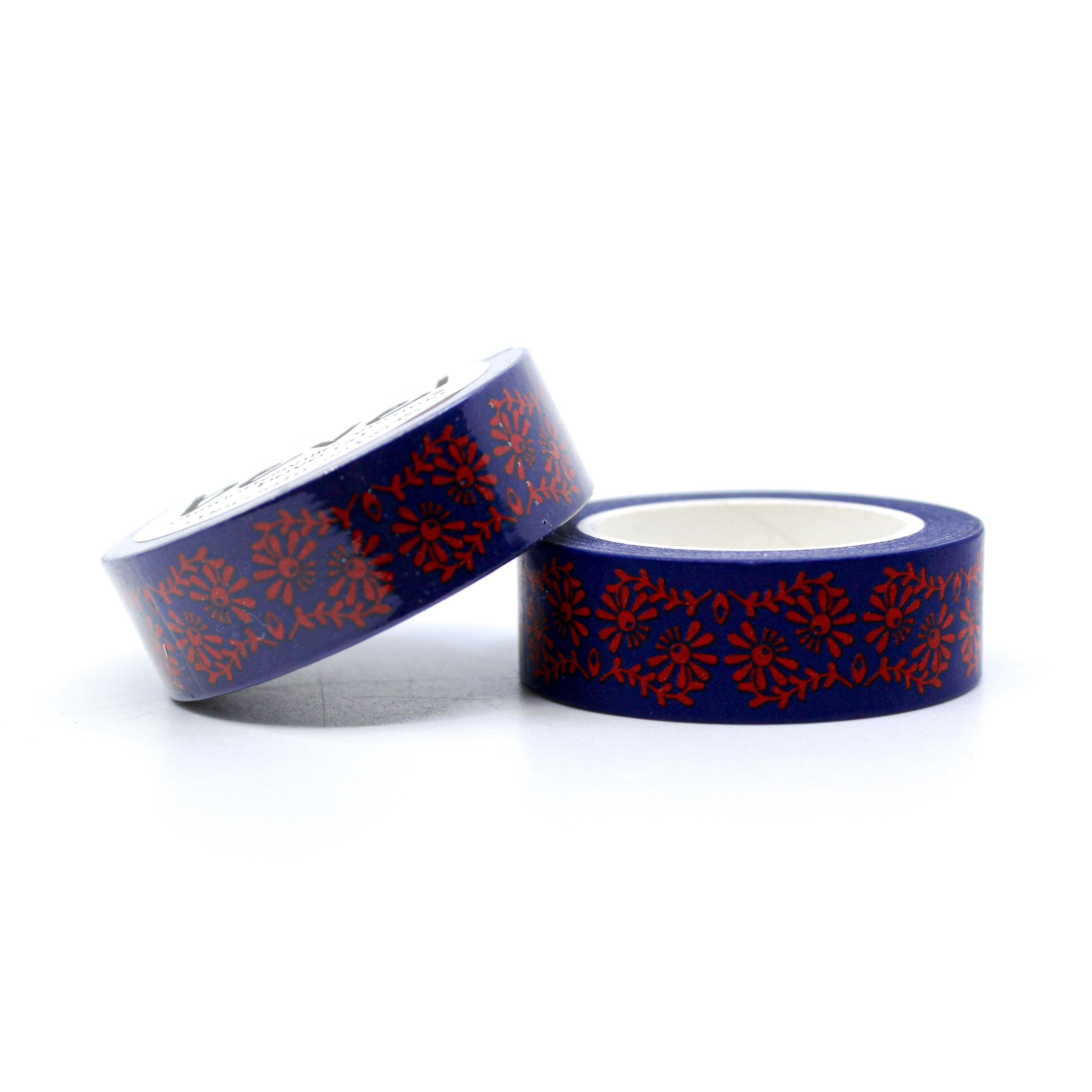 This is a view of red embroidery on navy blue foil washi tape for Journal Supplies, Scrapbooking washi tapes from BBB Supplies Craft Shop