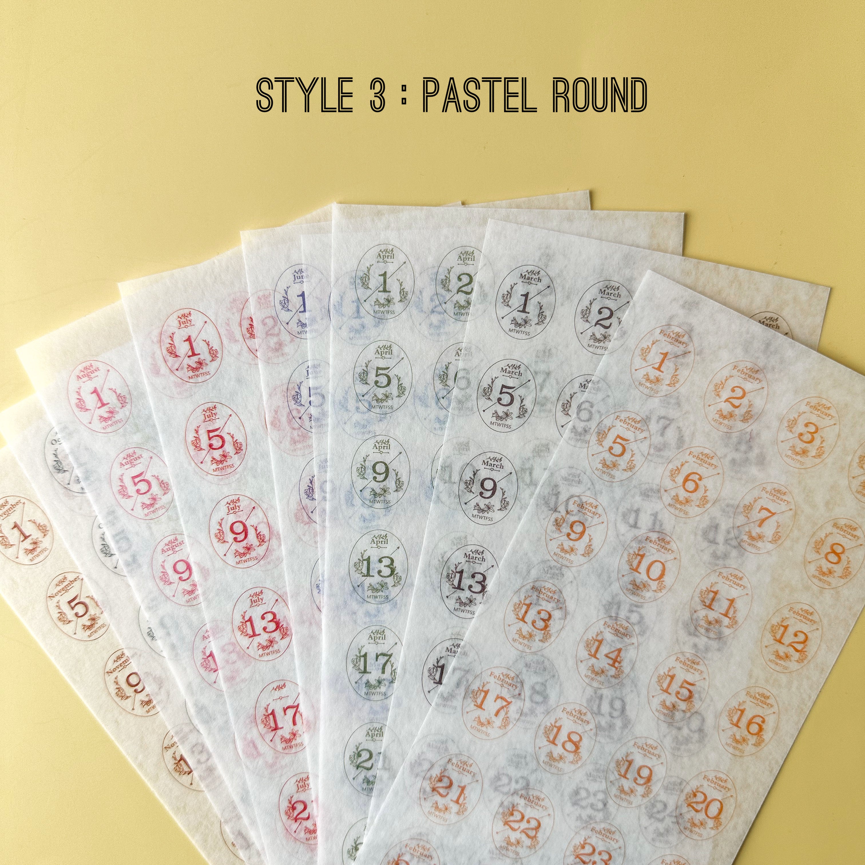 These are pre-dated pastel color monthly stickers for your monthly planner or BUJO spreads. These stickers are sold at BBB Supplies Craft Shop.