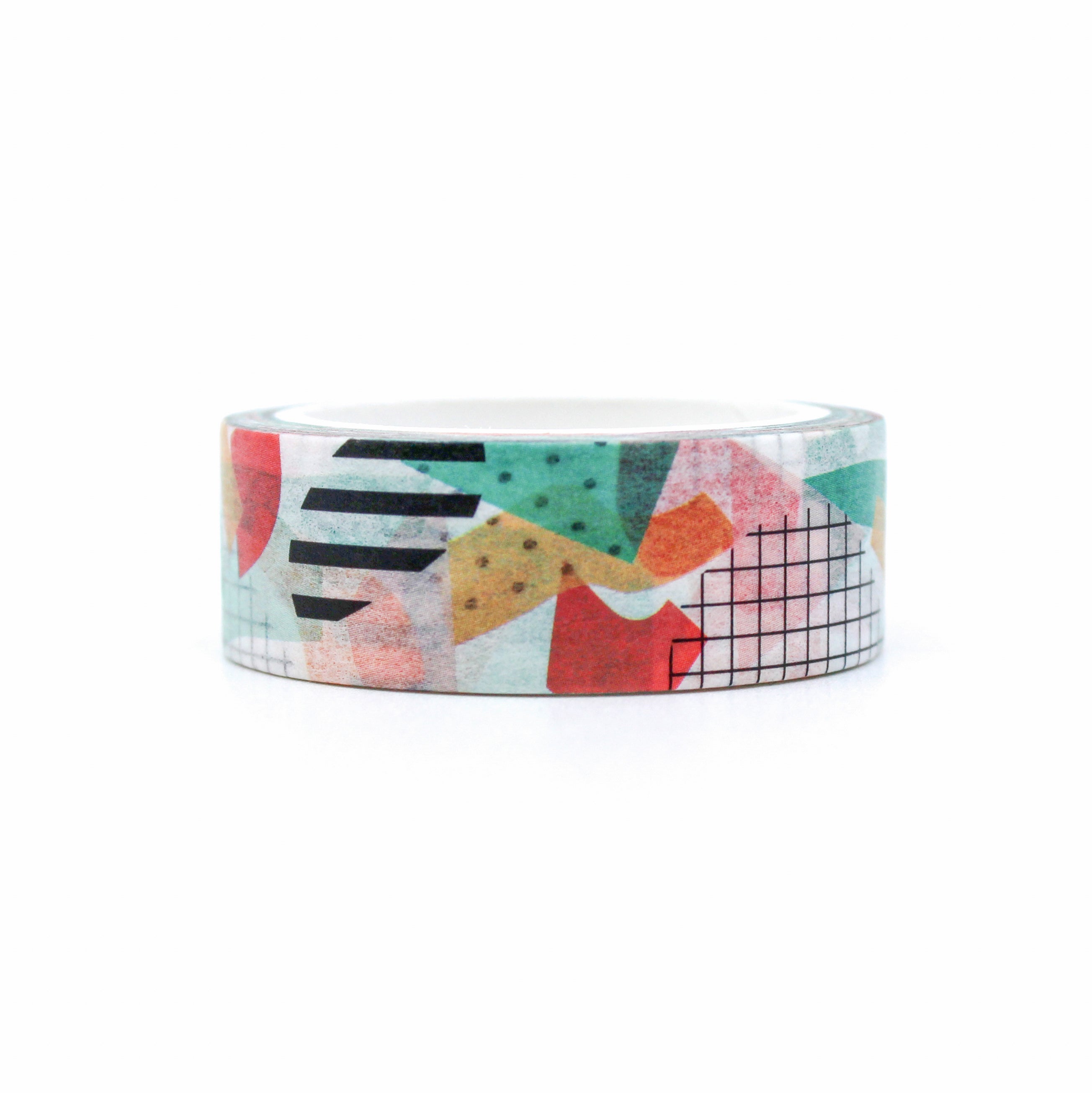 This is a washi tape with a fun pop art pattern that has layered abstract shapes and bright colors from BBB Supplies Craft Shop.