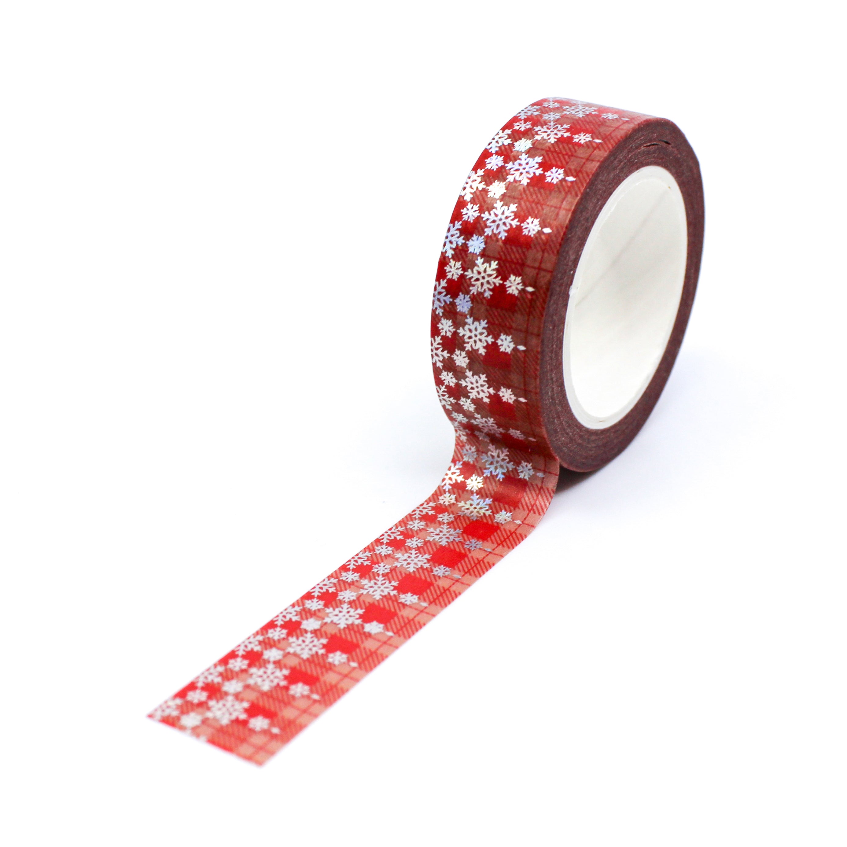 This is a beautiful silver foil snowflake pattern washi tape on a traditional Holiday red plaid  Background from BBB Supplies Craft Shop