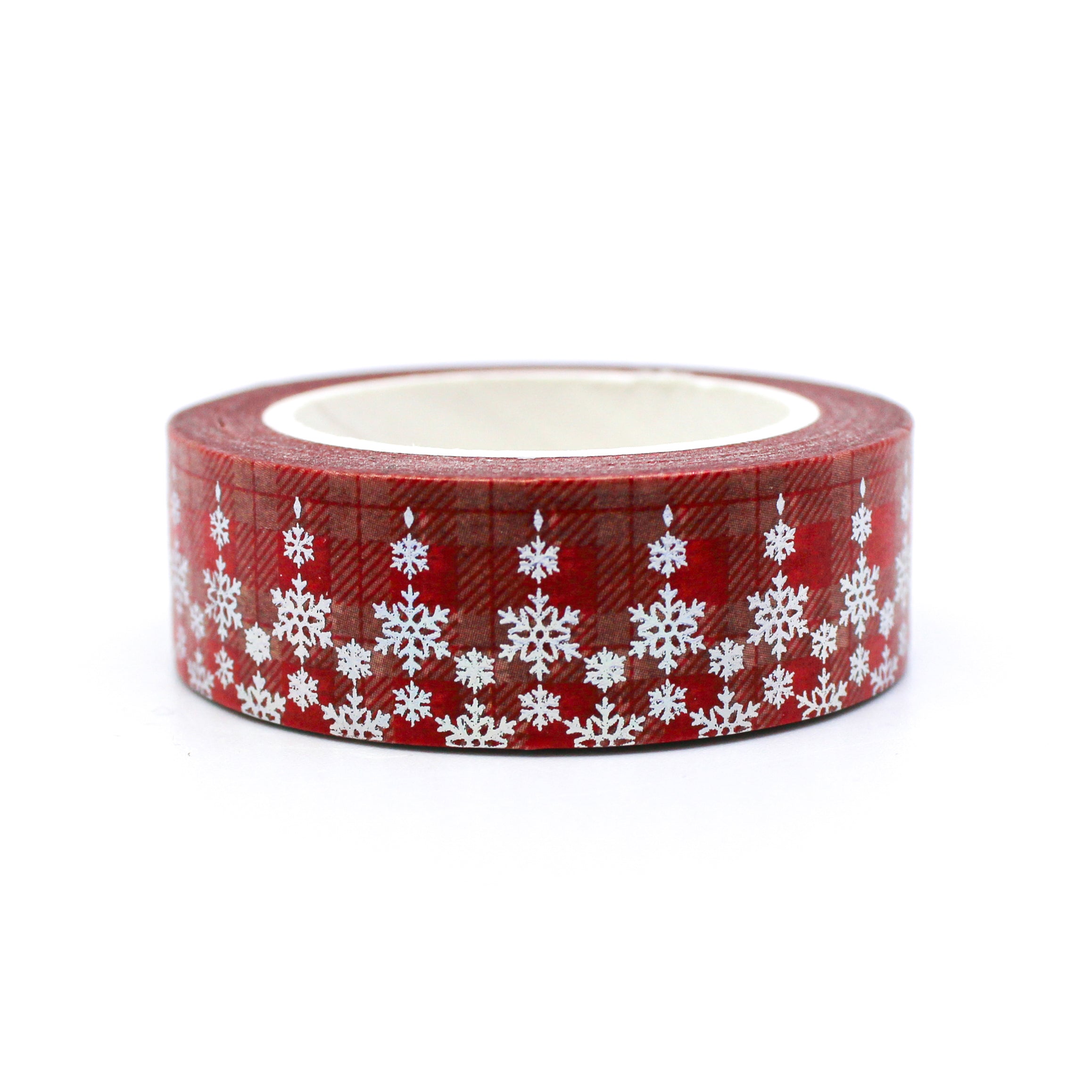 This is a beautiful silver foil snowflake pattern washi tape on a traditional Holiday red plaid Background from BBB Supplies Craft Shop