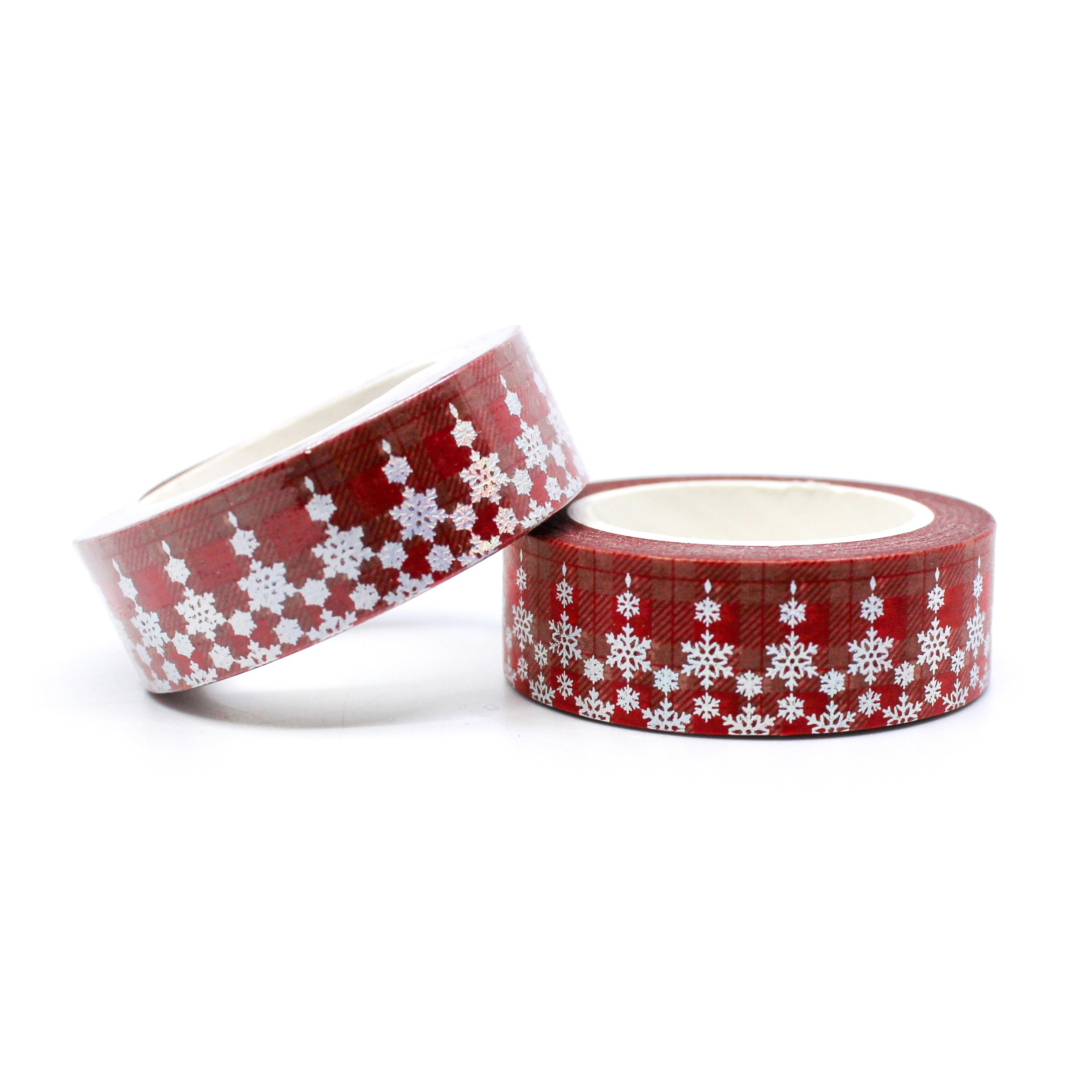 This is a beautiful silver foil snowflake pattern washi tapes on a traditional Holiday red plaid Background from BBB Supplies Craft Shop
