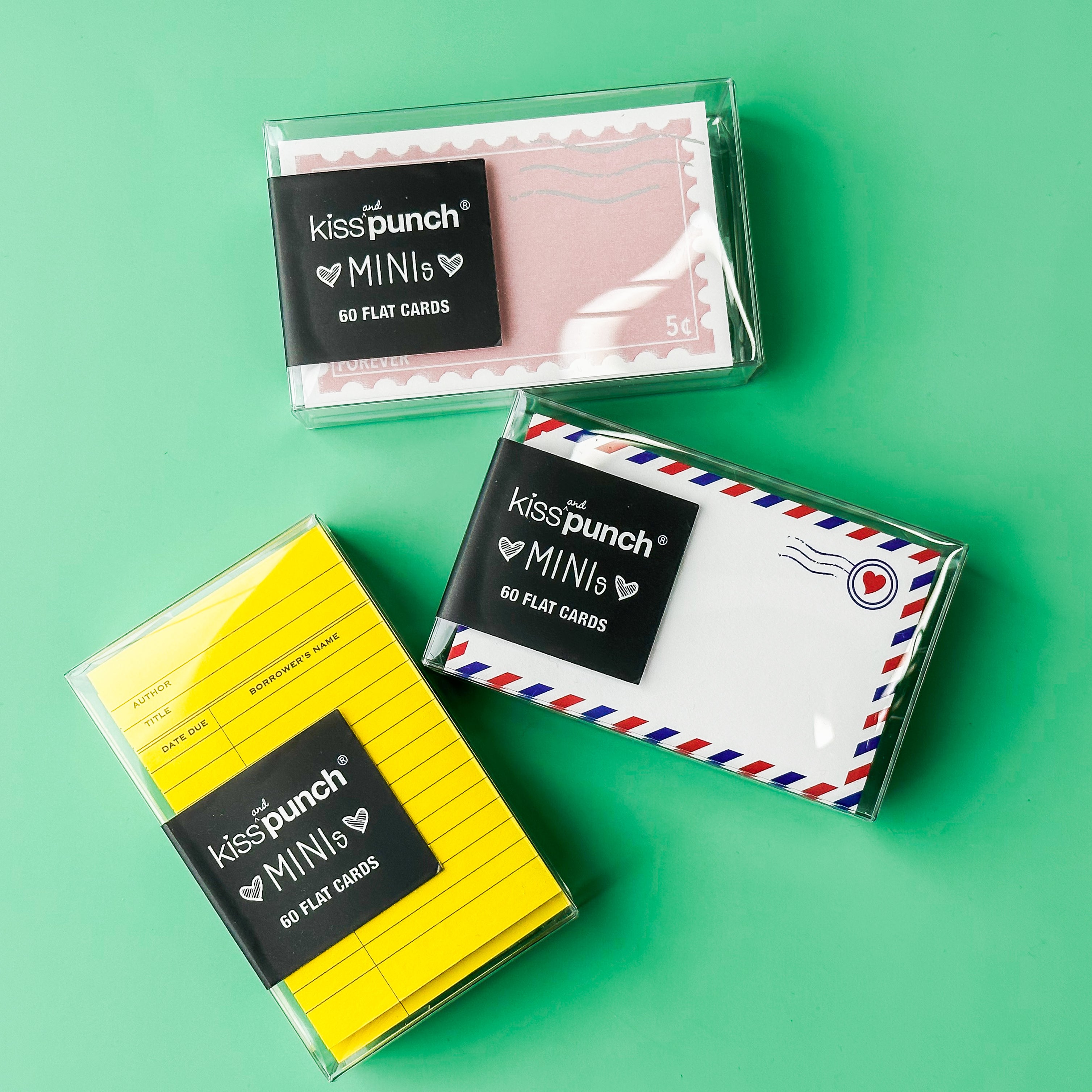 This is the collection of mini notecards which include the yellow library card, forever stamp, and the airmail design. These are designed by kiss and punch and sold at BBB Supplies Craft Shop.