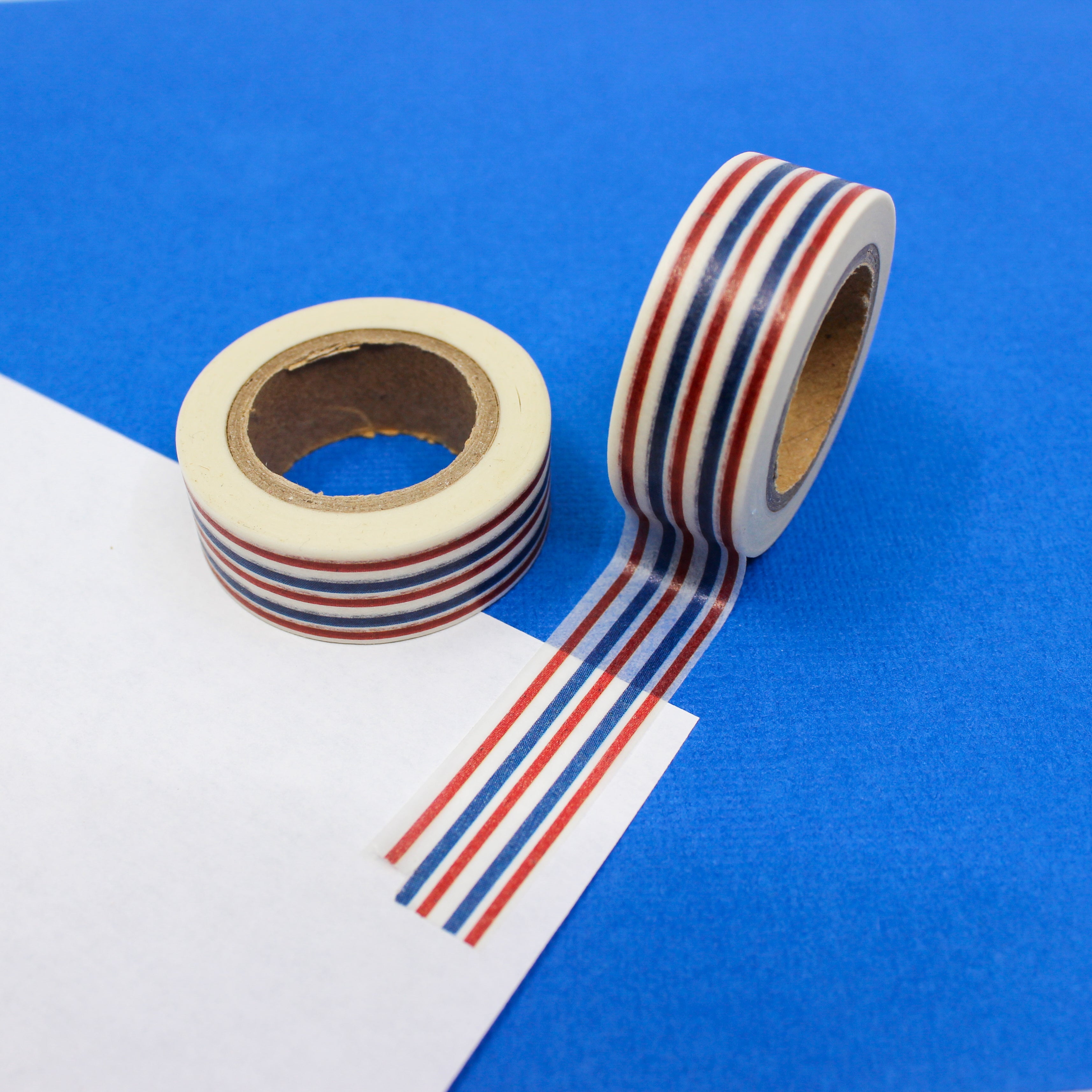 This is a red, white and blue stripes pattern Washi Tape from BBB Supplies Craft Shop