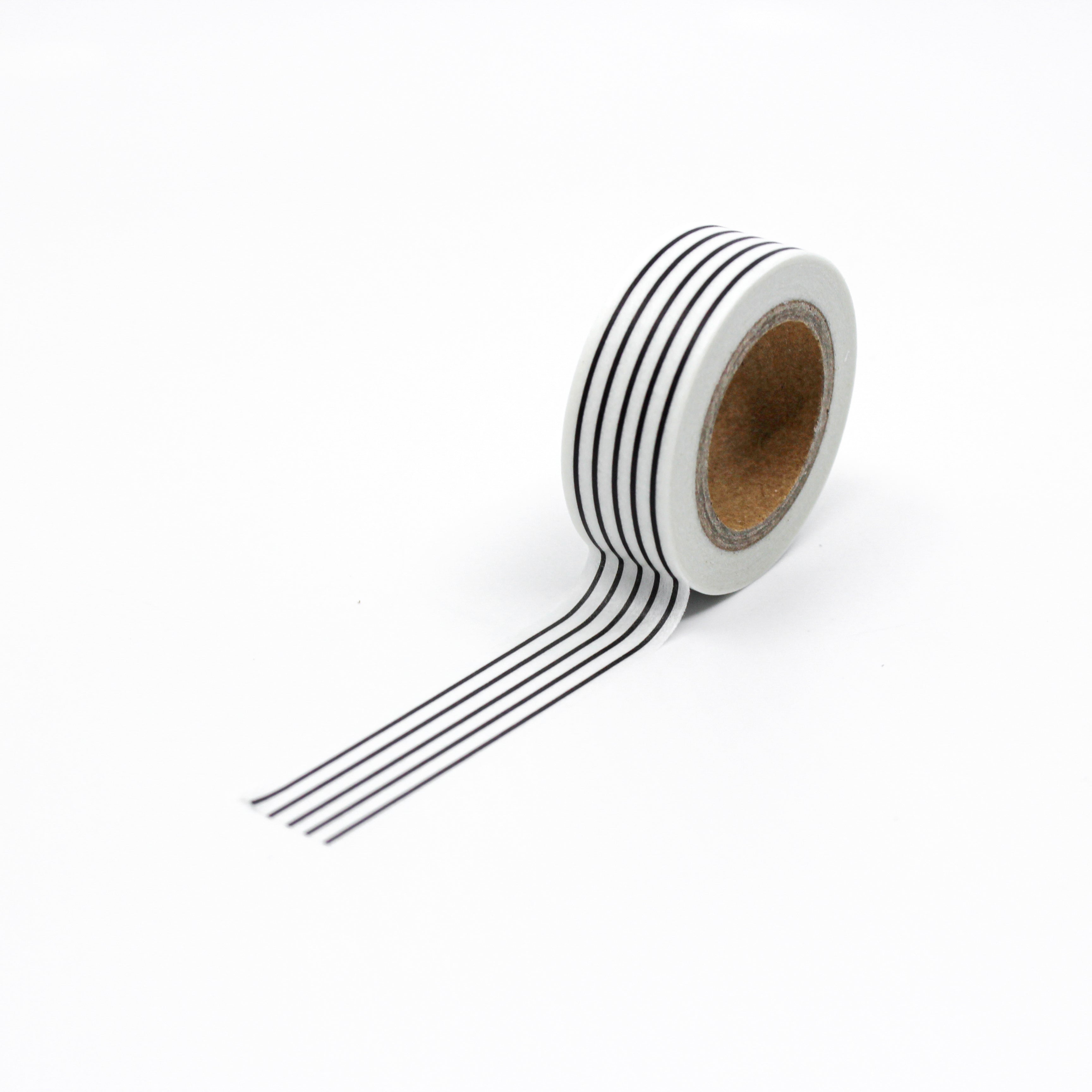 This is a repeat full view of thin black stripe pattern washi tape from BBB Supplies Craft Shop