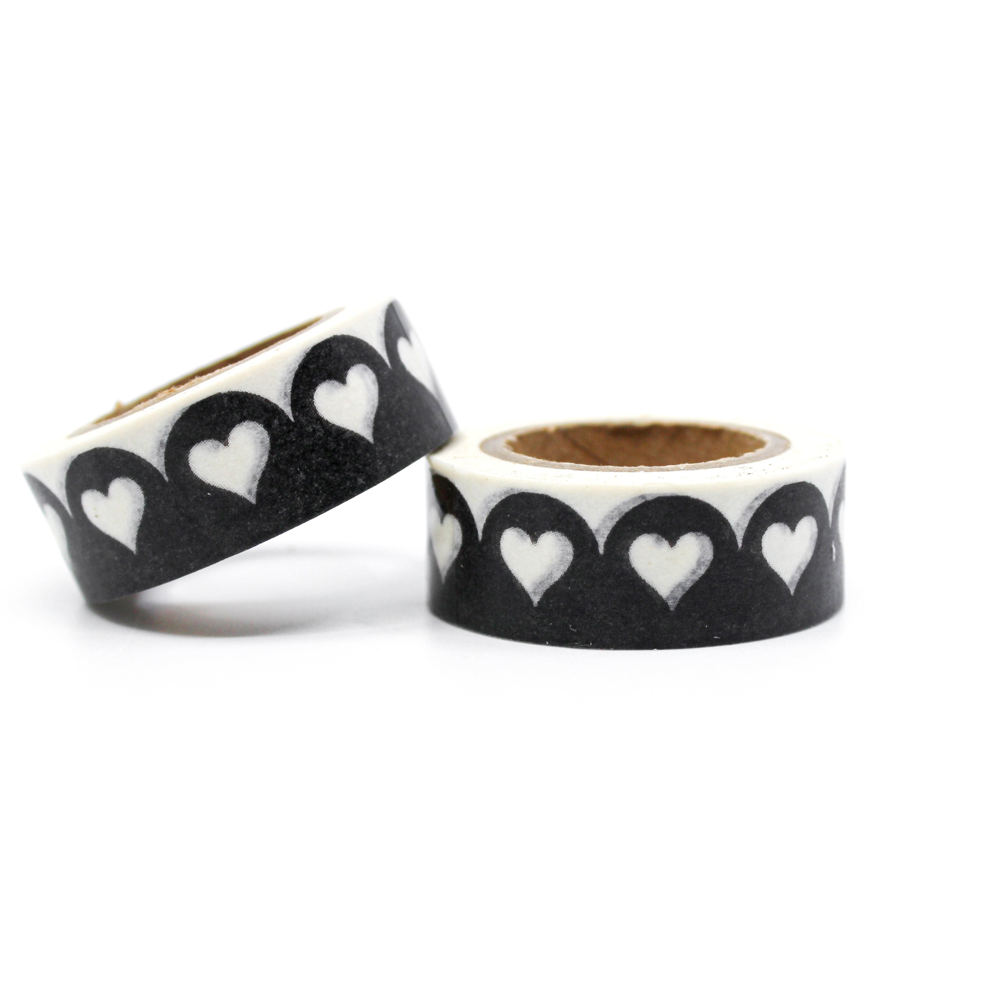 This is a graphic of black and white scallop edge hearts pattern for Journal Supplies, Scrapbooking washi tapes from BBB Supplies Craft Shop